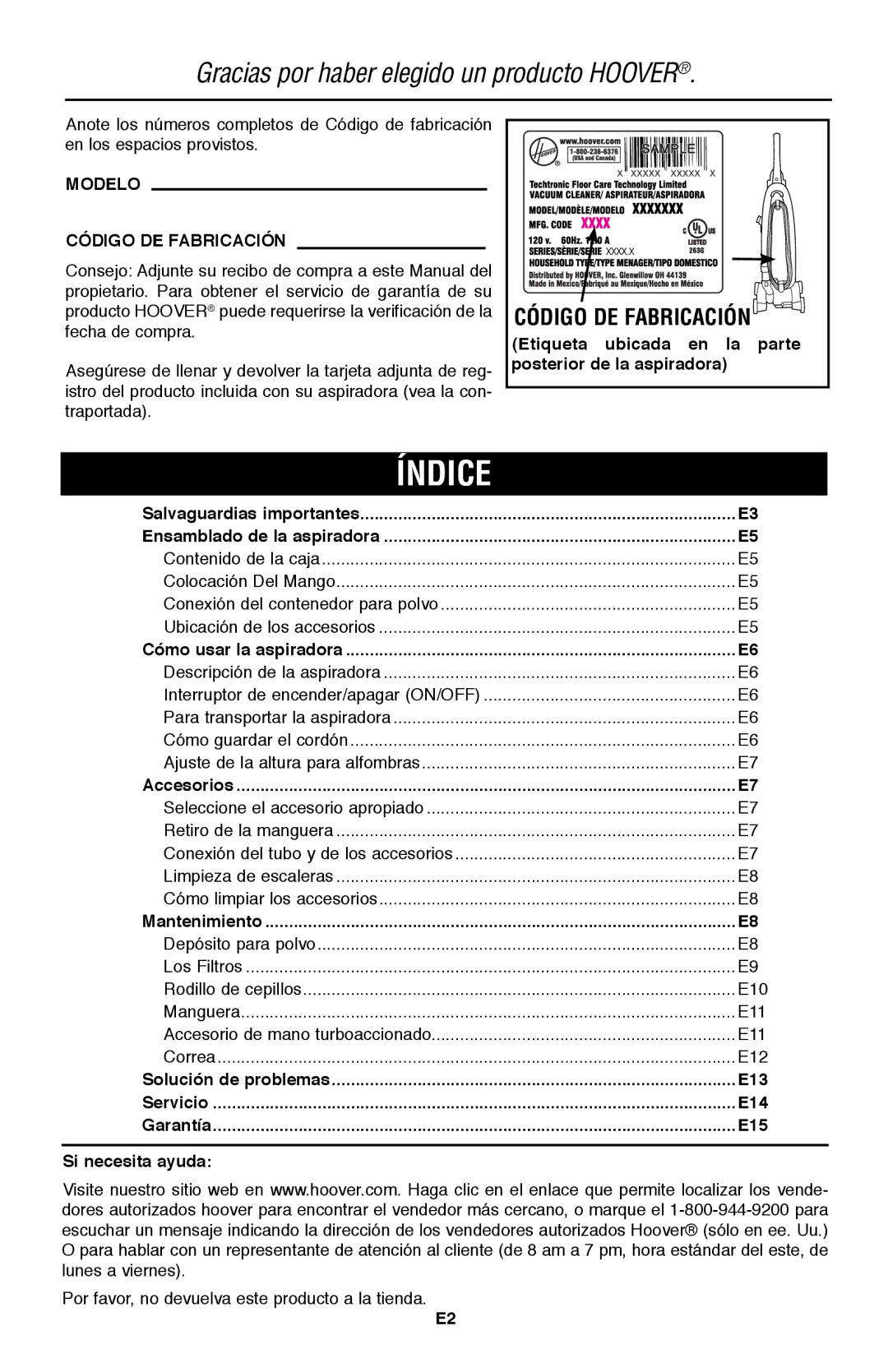 Hoover UH70105 owner manual Índice, Código de fabricación 