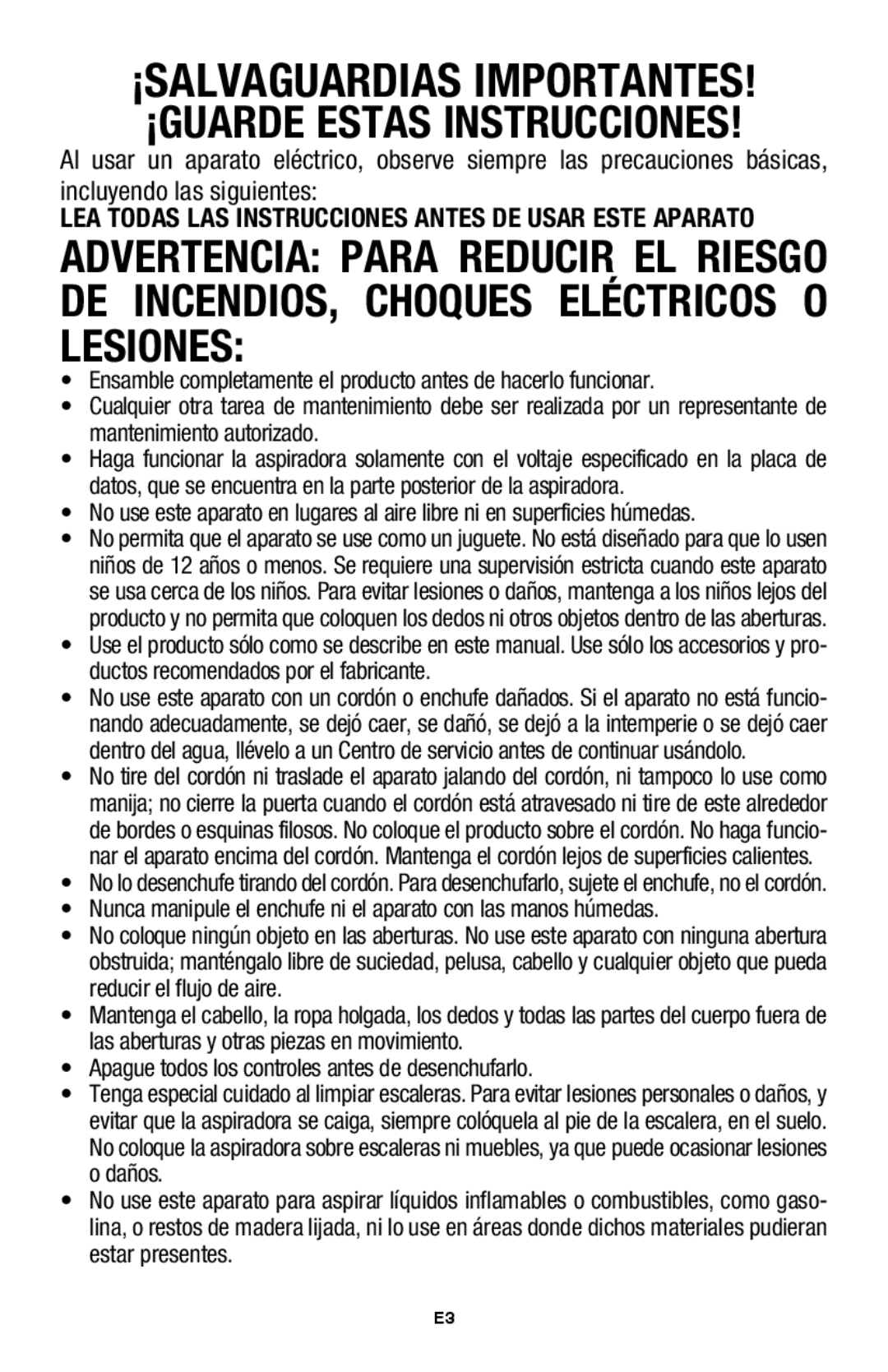 Hoover UH70105 owner manual ¡SALVAGUARDIAS IMPORTANTES! ¡GUARDE Estas Instrucciones 