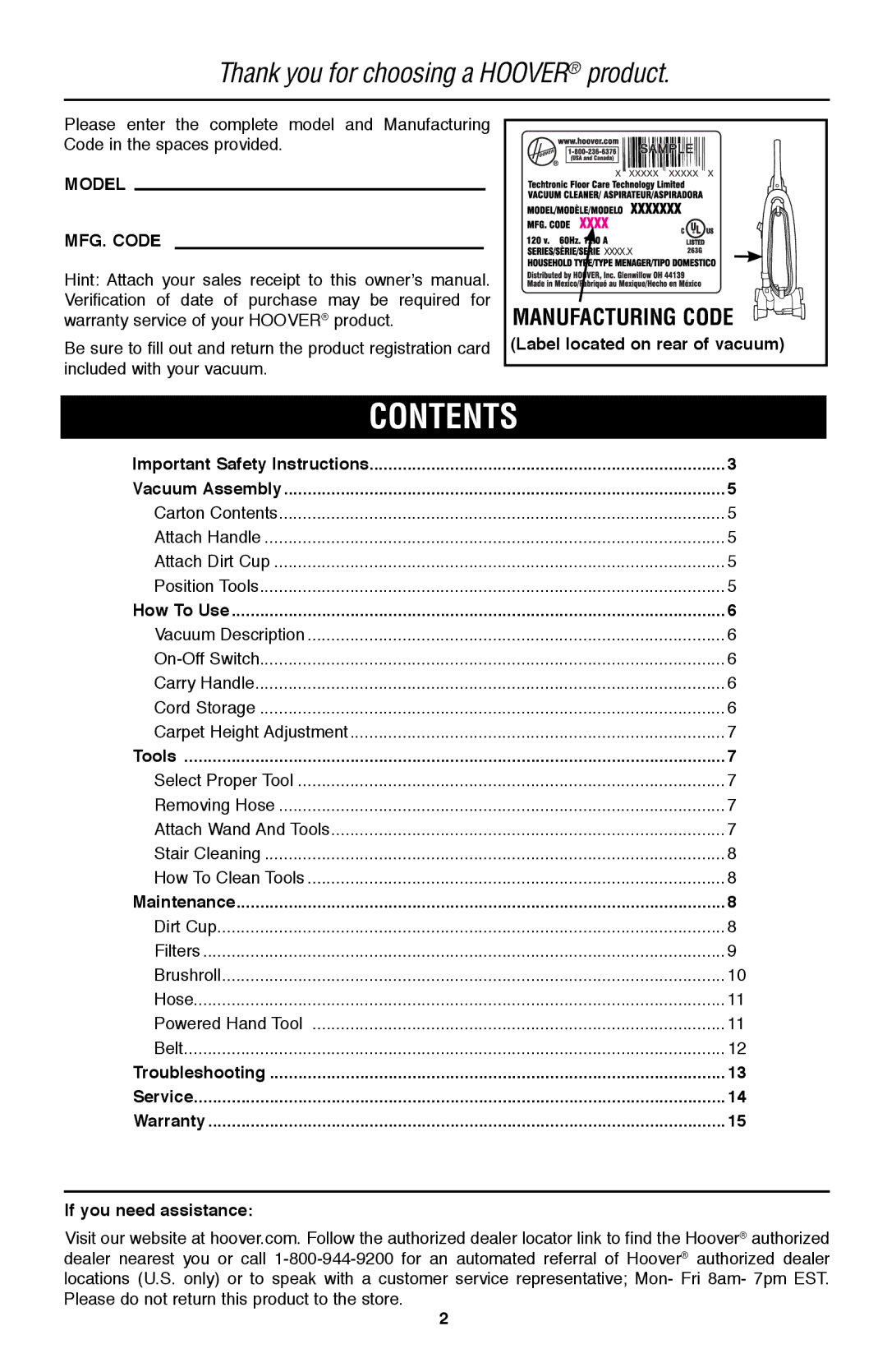 Hoover UH70105 owner manual Contents 