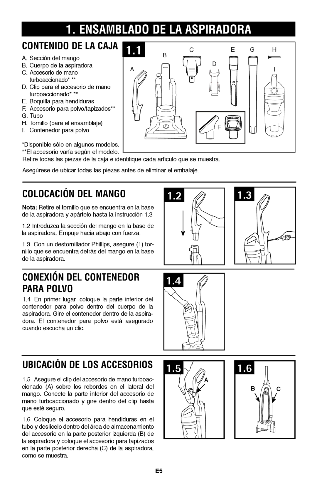 Hoover UH70105 Ensamblado DE LA Aspiradora, Contenido de la caja, Colocación Del Mango, Conexión del contenedor para polvo 