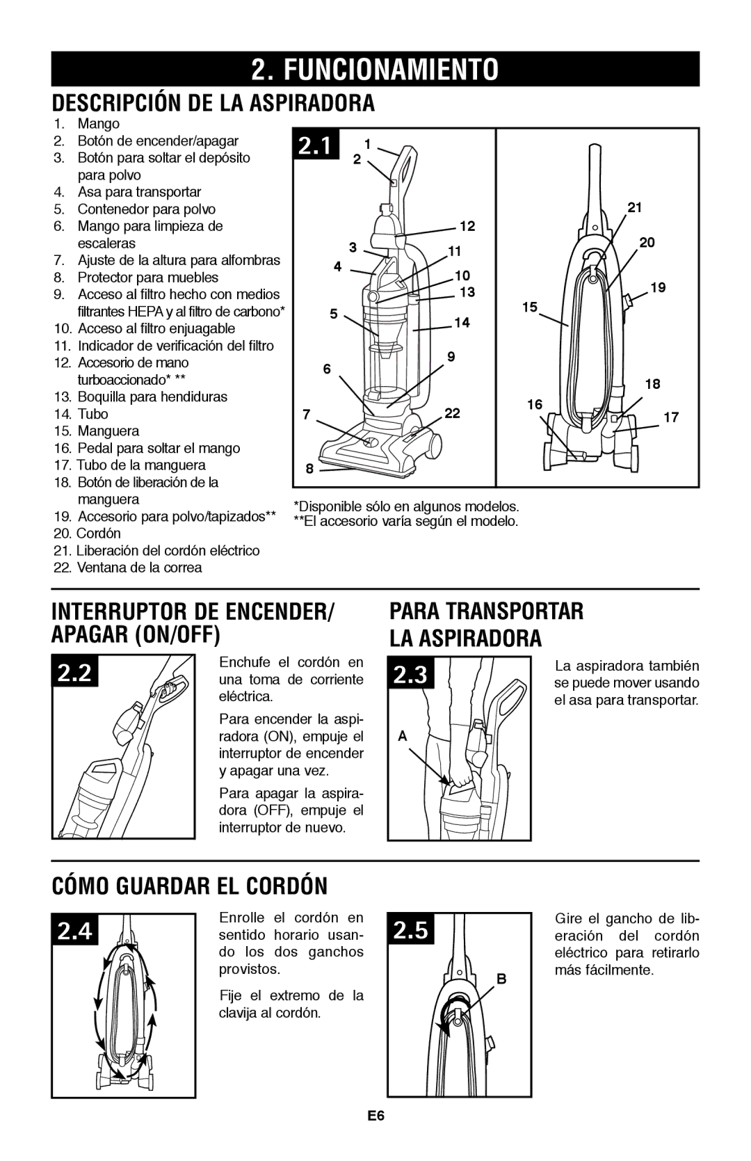 Hoover UH70105 owner manual Descripción de la aspiradora, Cómo guardar el cordón 