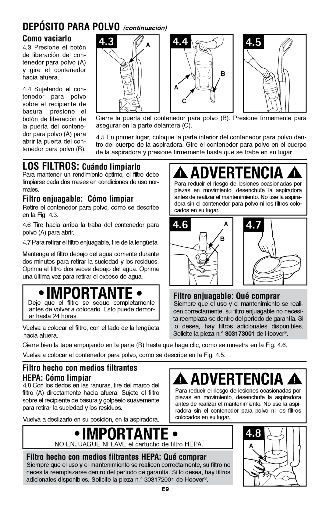 Hoover UH70105 owner manual Depósito para polvo continuación 