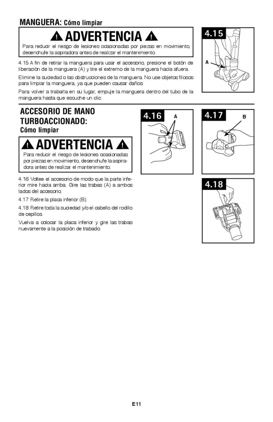 Hoover UH70105 owner manual Accesorio de mano, Turboaccionado, Manguera Cómo limpiar, E11 