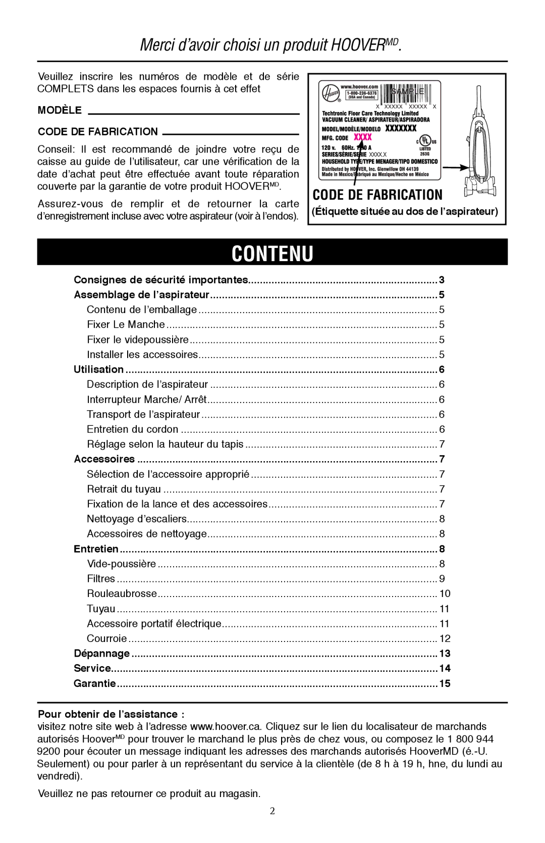 Hoover UH70105 owner manual Contenu, Modèle Code de fabrication, Pour obtenir de l’assistance 