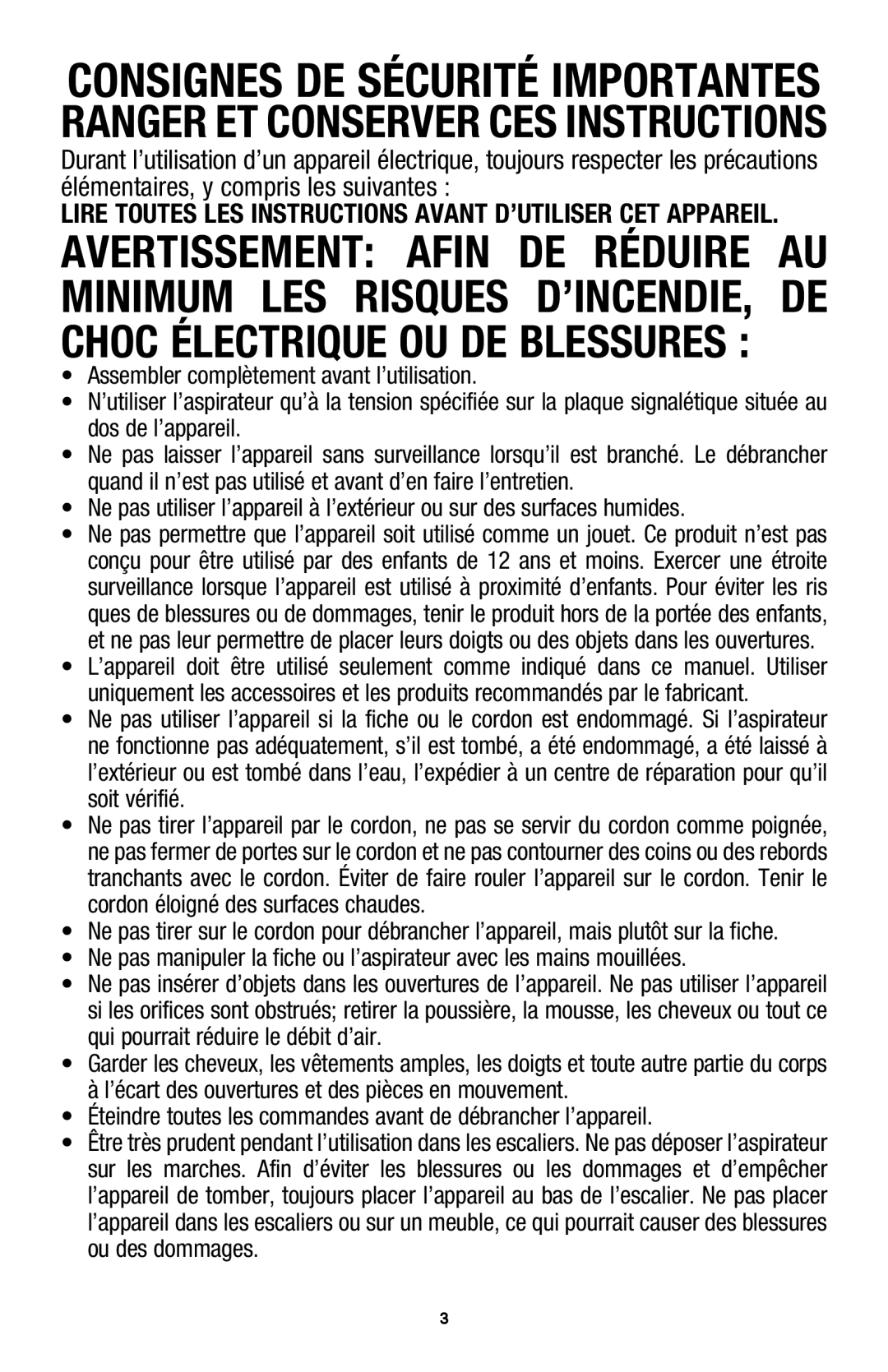 Hoover UH70105 owner manual Éteindre toutes les commandes avant de débrancher l’appareil 