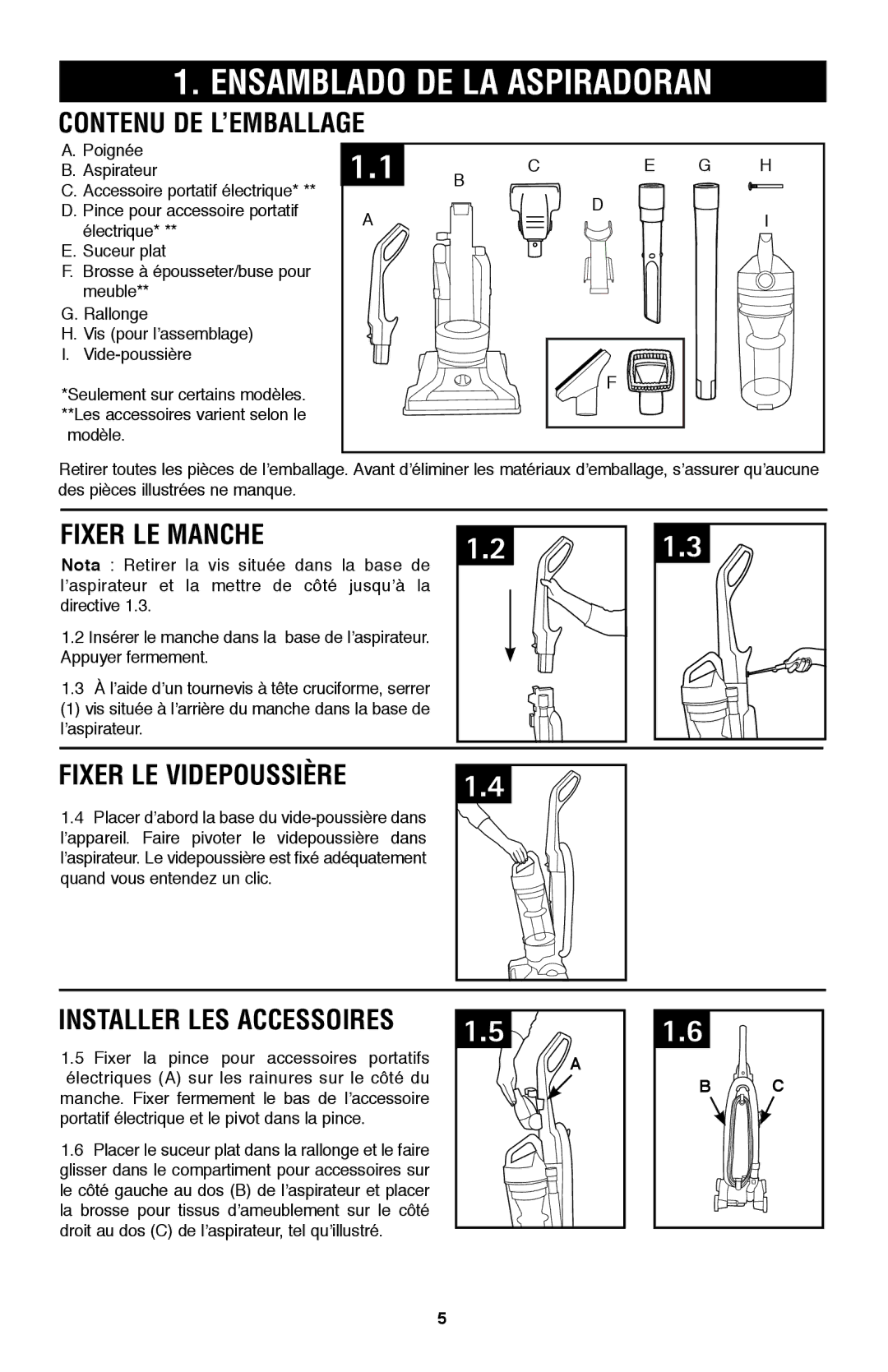 Hoover UH70105 owner manual Ensamblado de la aspiradoraN, Contenu de l’emballage, Fixer Le Manche, Fixer le videpoussière 