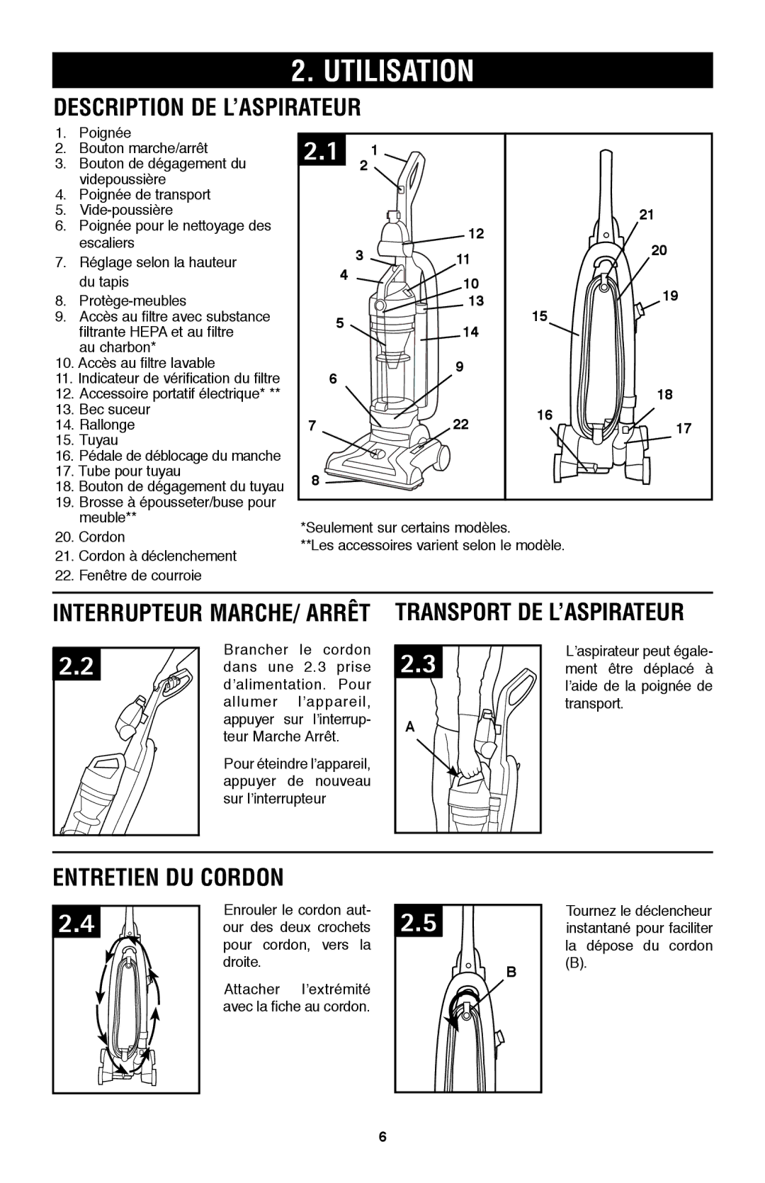 Hoover UH70105 owner manual Utilisation, Description de l’aspirateur, Interrupteur Marche/ Arrêt Transport de l’aspirateur 