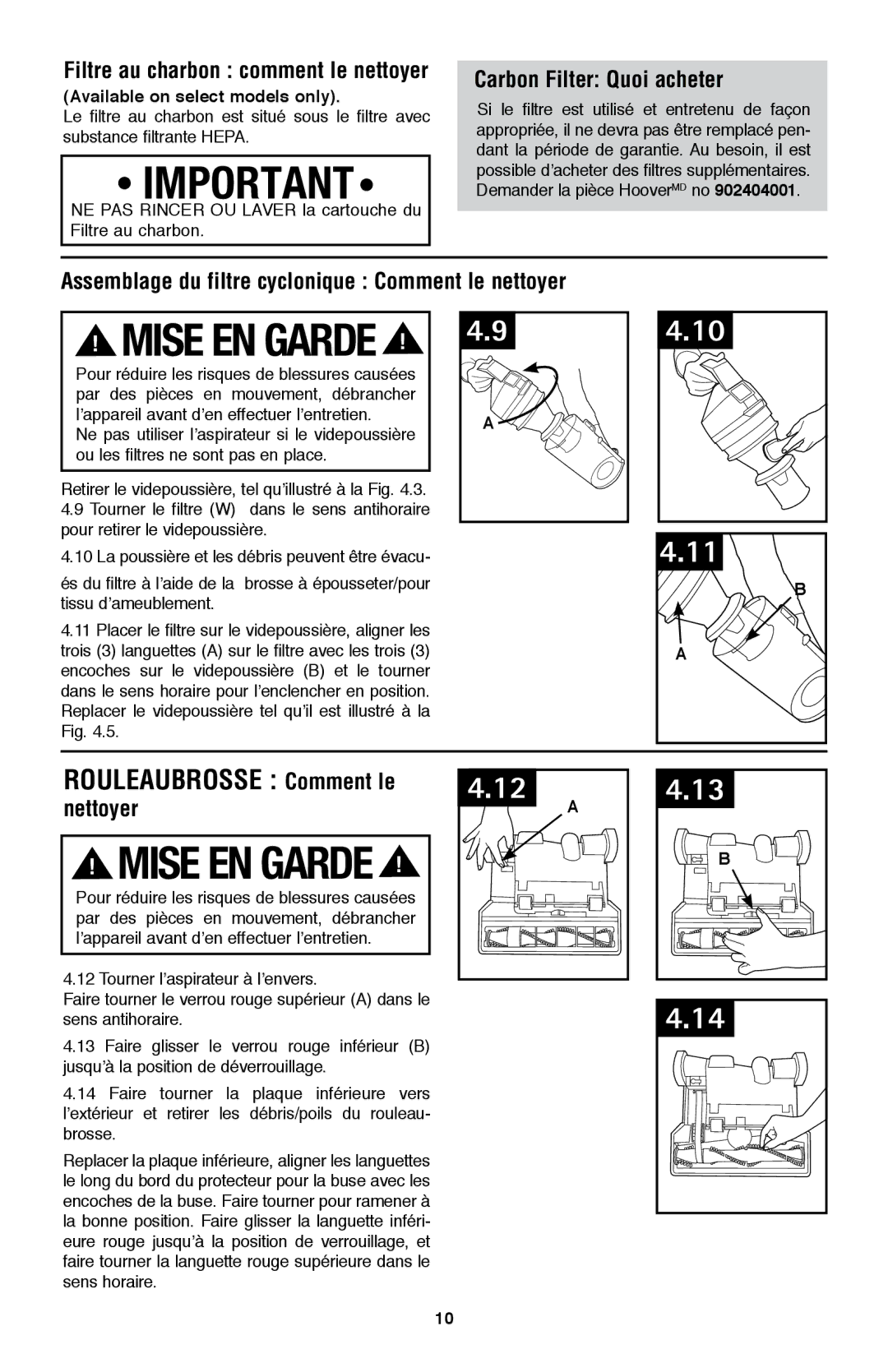 Hoover UH70105 owner manual Carbon Filter Quoi acheter, Assemblage du filtre cyclonique Comment le nettoyer, Nettoyer 