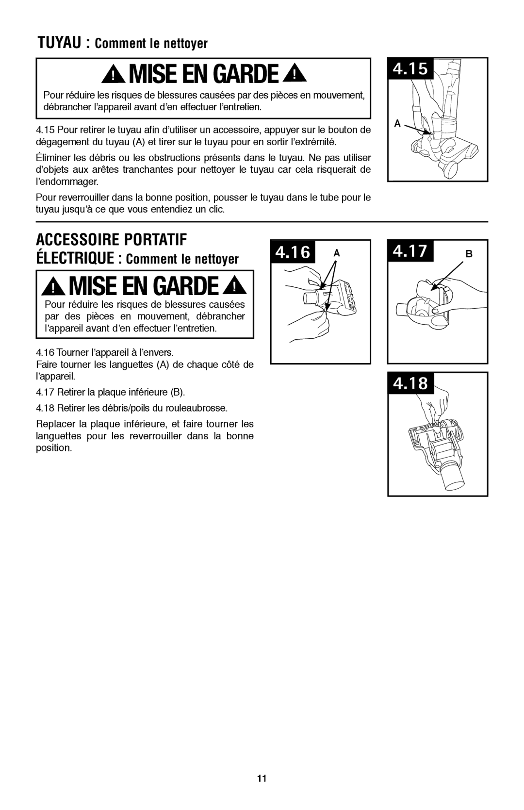 Hoover UH70105 owner manual Accessoire portatif, Tuyau Comment le nettoyer, Électrique Comment le nettoyer 