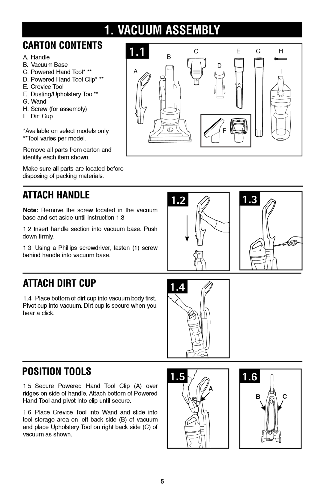 Hoover UH70105 owner manual Vacuum Assembly, Carton contents, Attach handle, Attach dirt cup, Position Tools 