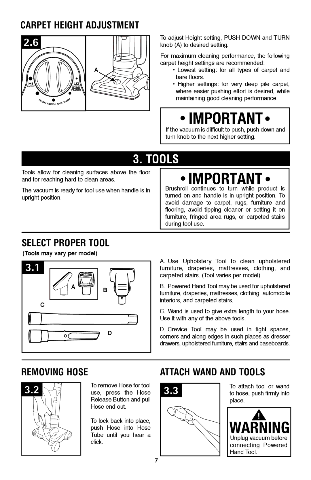 Hoover UH70105 owner manual Select Proper Tool, Attach Wand and Tools, Tools may vary per model 