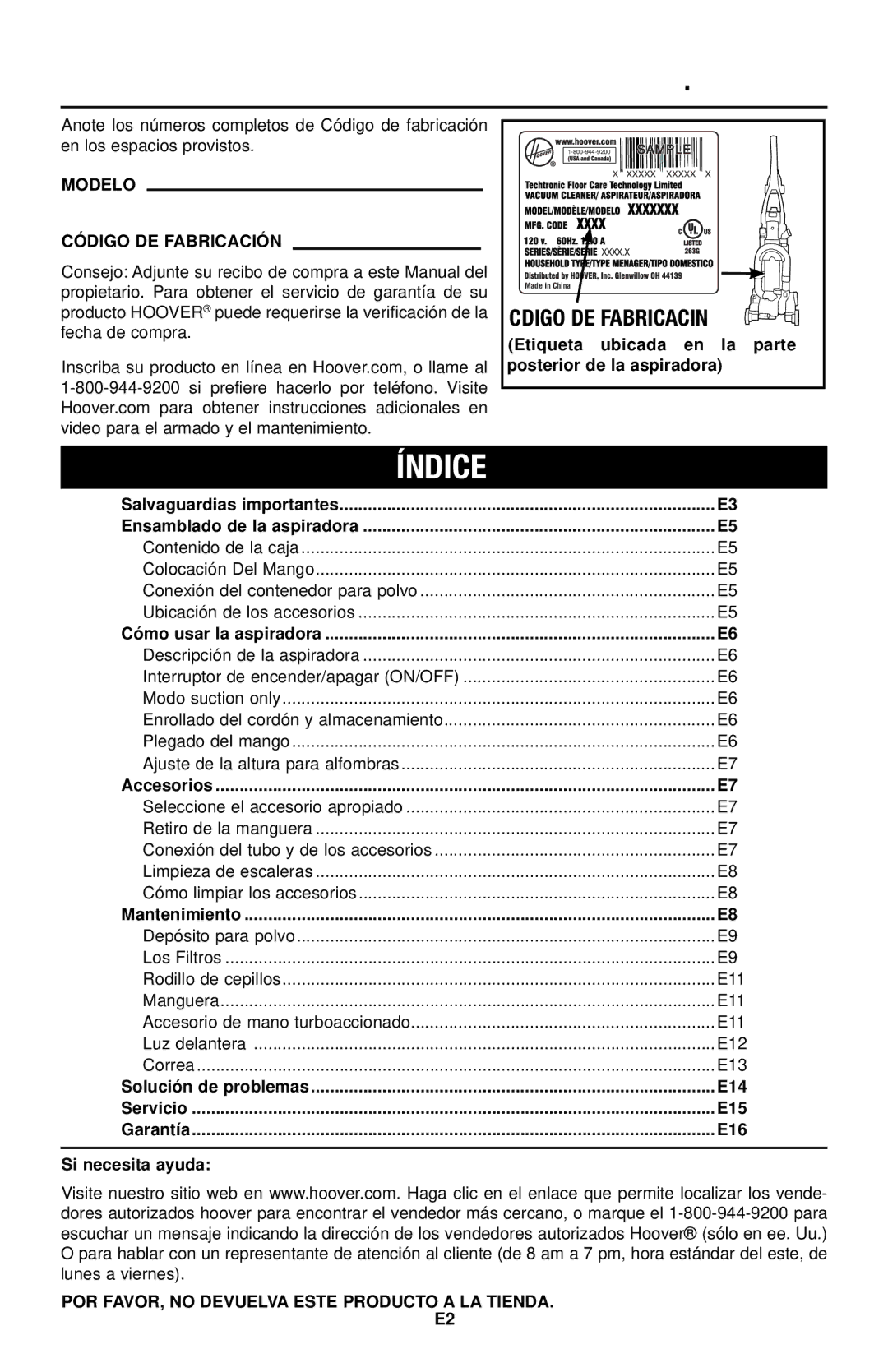 Hoover UH70120 owner manual Índice, Código de fabricación, Modelo, Etiqueta ubicada en la parte, Posterior de la aspiradora 