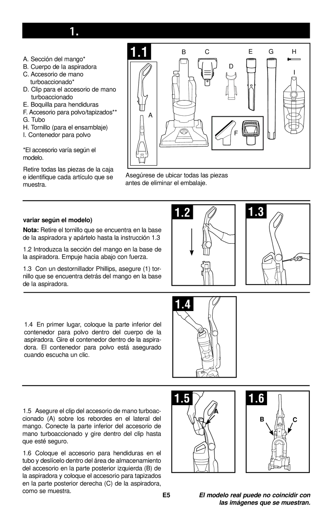 Hoover UH70120 Ensamblado DE LA Aspiradora, Contenido de la caja, Colocación Del Mango, Conexión del contenedor para polvo 