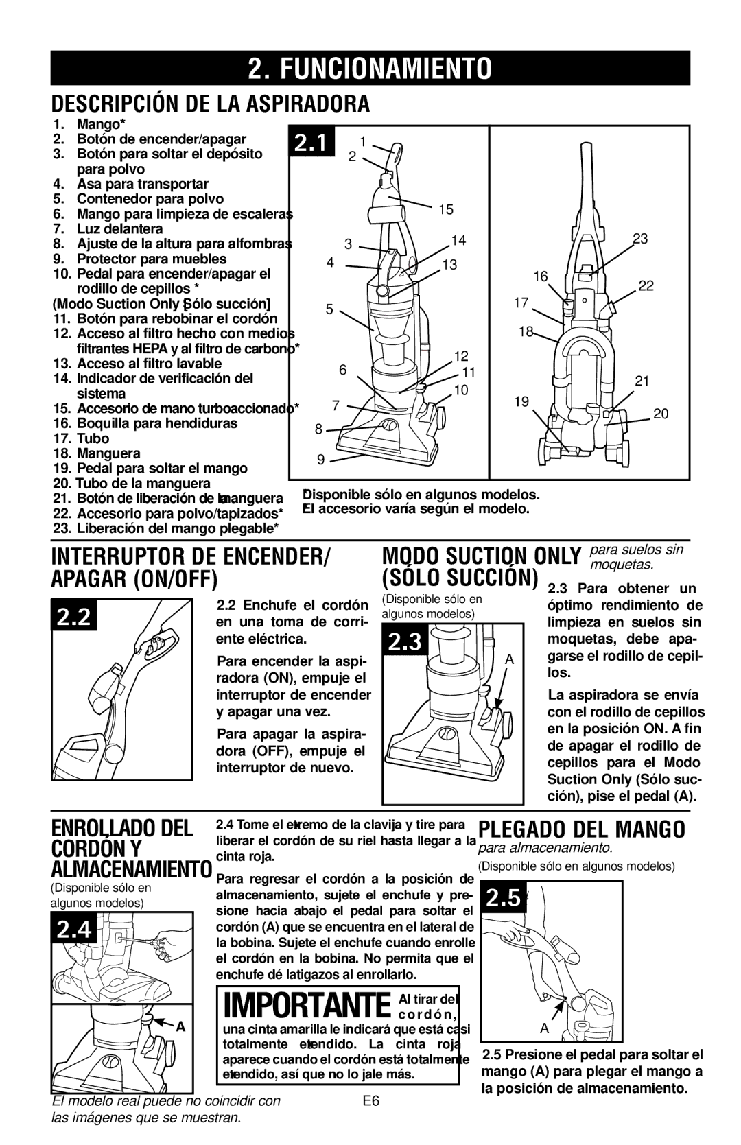 Hoover UH70120 owner manual Descripción de la aspiradora, Interruptor de encender, Apagar ON/OFF, Enrollado del, Cordón Y 