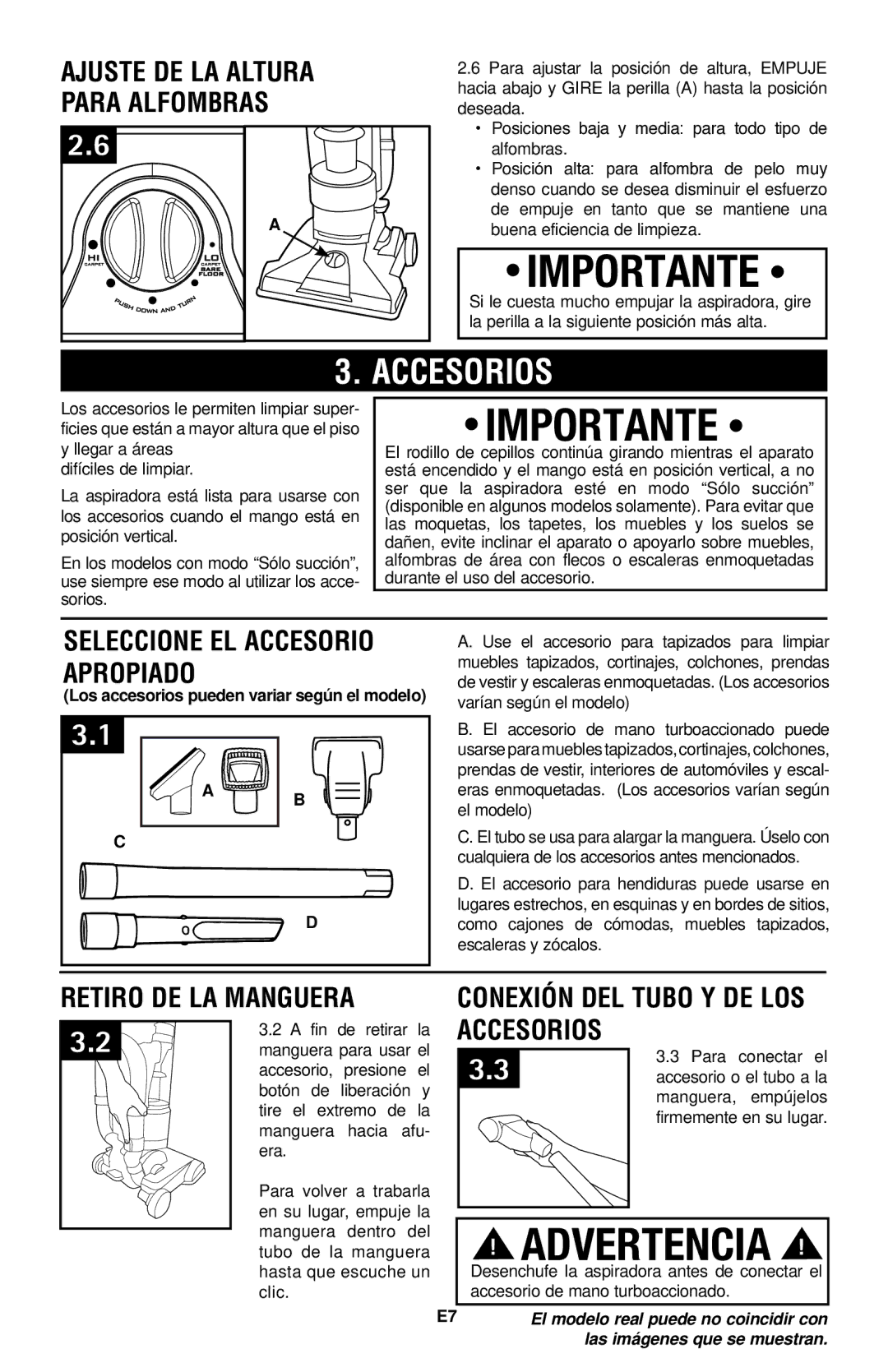 Hoover UH70120 owner manual Importante, Accesorios 