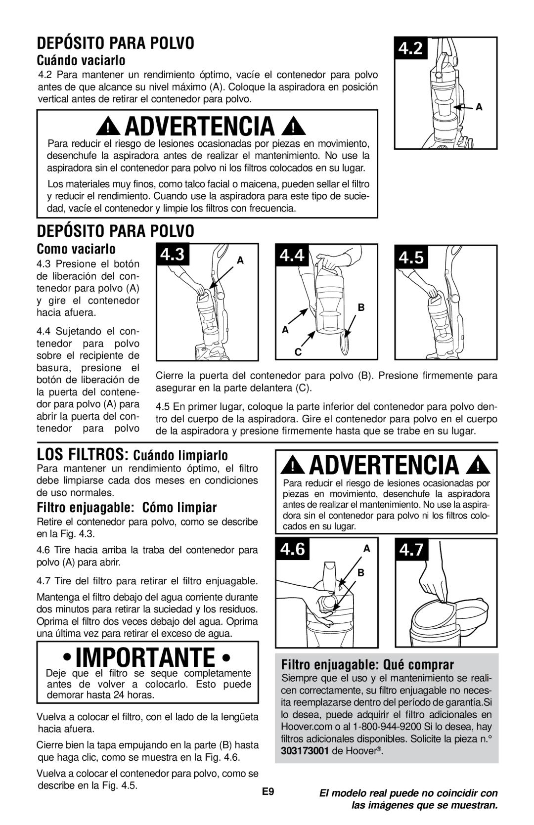 Hoover UH70120 owner manual Depósito para polvo 