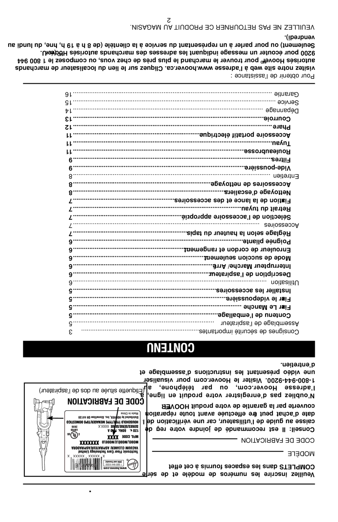 Hoover UH70120 owner manual Contenu, Modèle Code de fabrication 