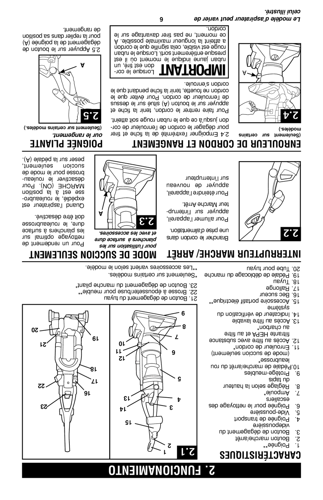 Hoover UH70120 owner manual Funcionamiento, Interrupteur Marche/ Arrêt, Enrouleur de cordon ET Rangement 