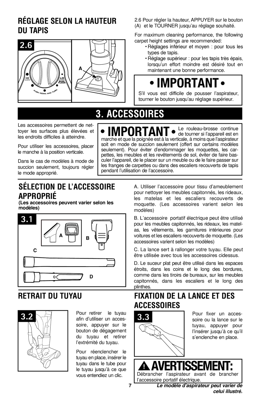 Hoover UH70120 Accessoires, Réglage selon la hauteur du tapis, Sélection de l’accessoire Approprié, Retrait du tuyau 