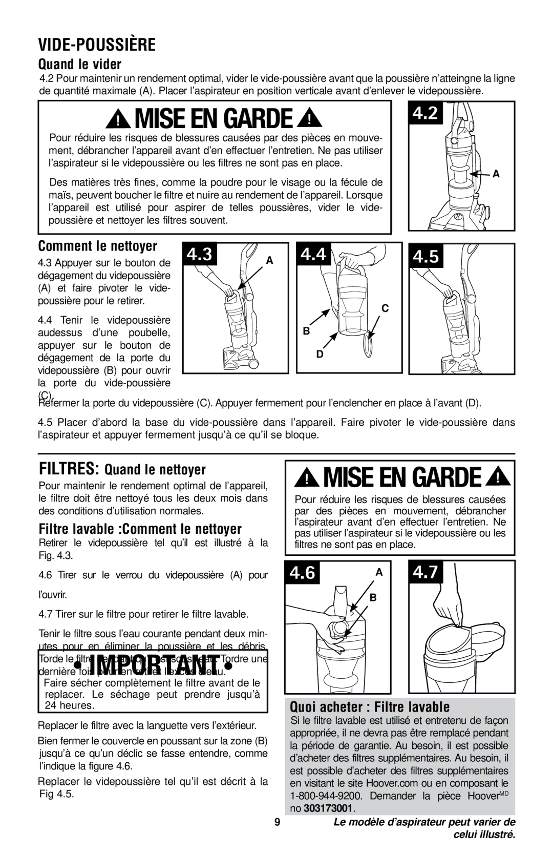 Hoover UH70120 owner manual Vide-poussière 