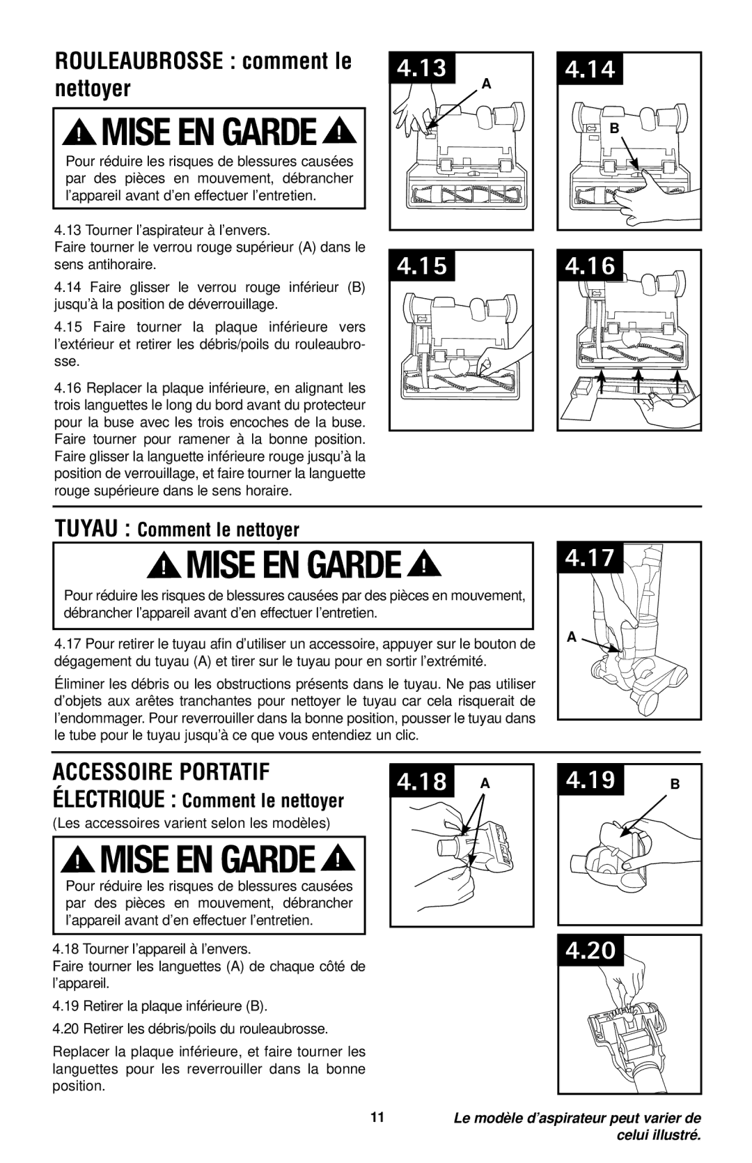 Hoover UH70120 owner manual Rouleaubrosse comment le nettoyer, Accessoire portatif, Tuyau Comment le nettoyer 