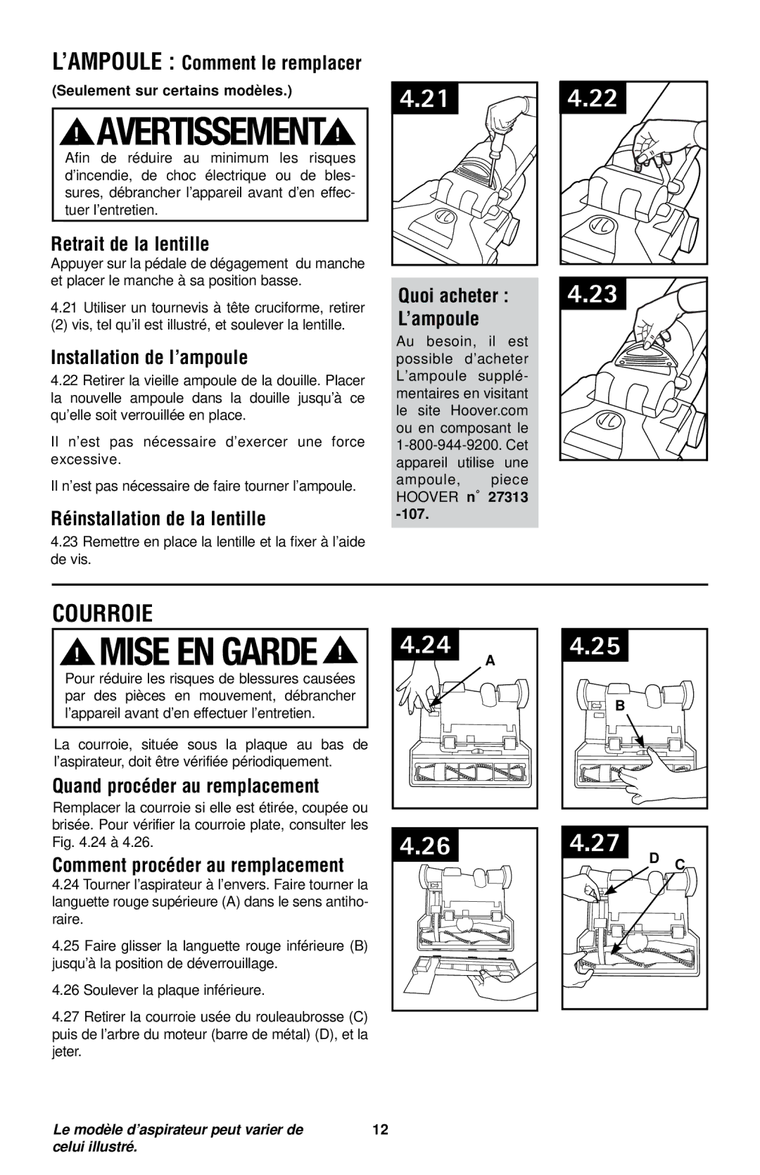 Hoover UH70120 owner manual Courroie 