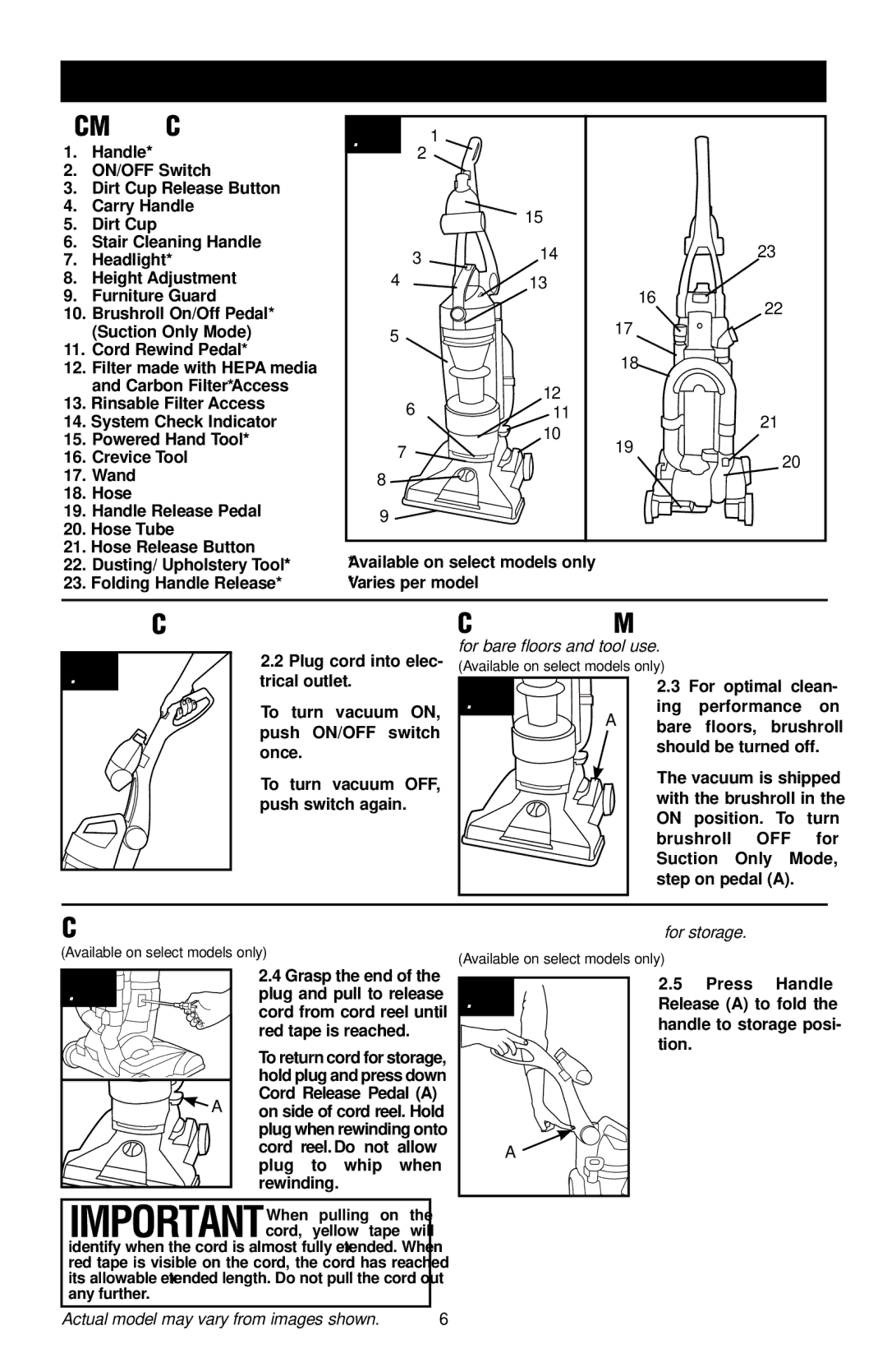 Hoover UH70120 HOW to USE, Vacuum Description, ON-OFF Switch, Cord Rewind and Storage, Folding Handle for storage 