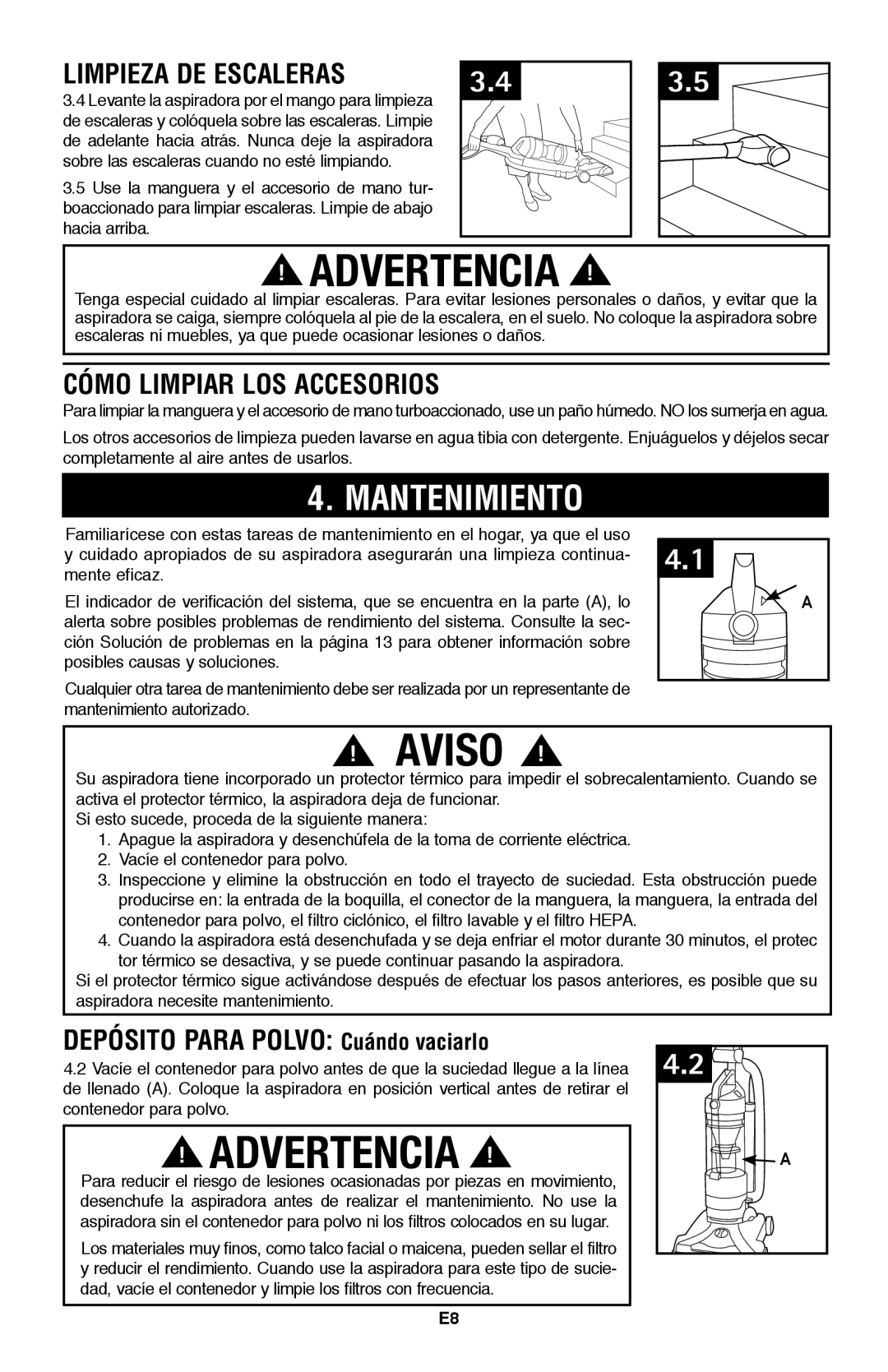 Hoover UH70120 owner manual Aviso, Mantenimiento, Limpieza de escaleras, Cómo limpiar los accesorios, Advertencia 