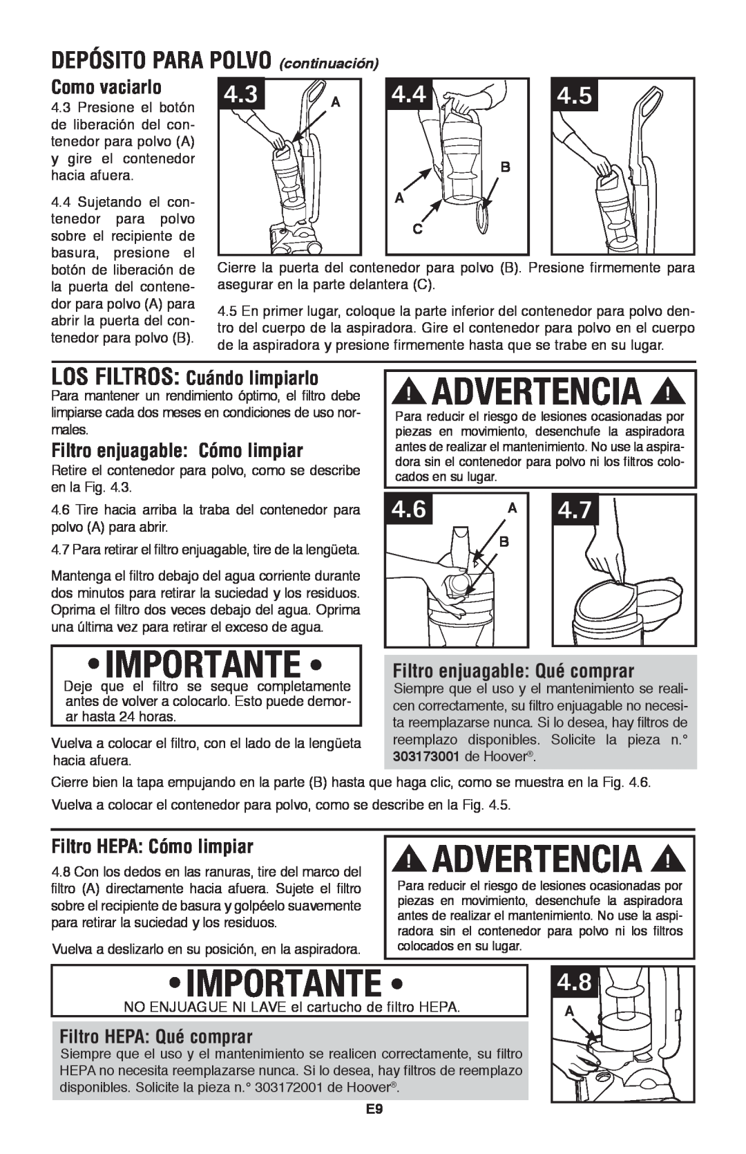 Hoover UH70120 Depósito para polvo continuación, Importante, Advertencia, Como vaciarlo, Los Filtros Cuándo limpiarlo 