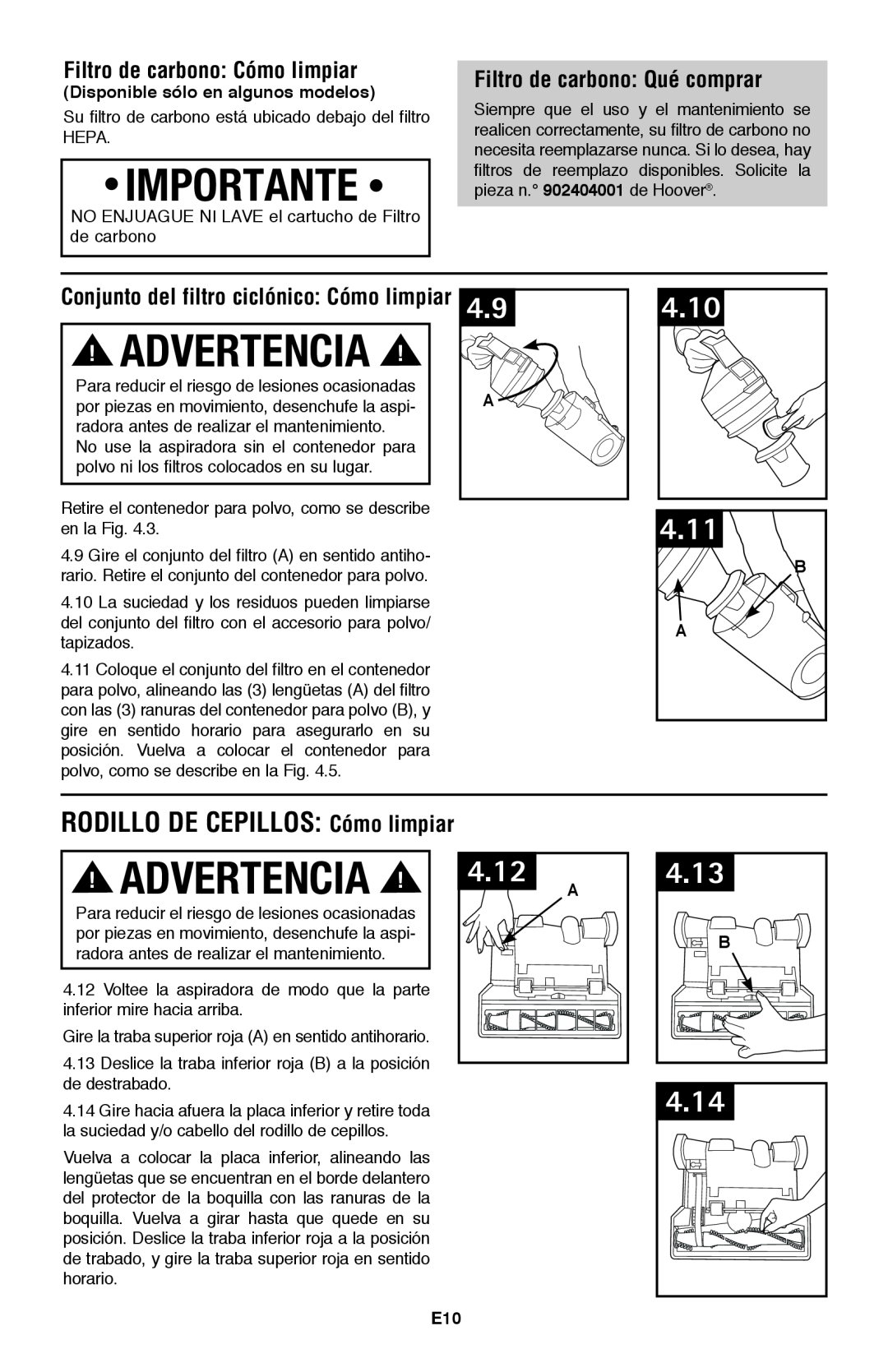 Hoover UH70120 owner manual RODILLO DE CEPILLOS Cómo limpiar, Importante, Advertencia, 4.10, 4.11, 4.12, 4.13, 4.14 