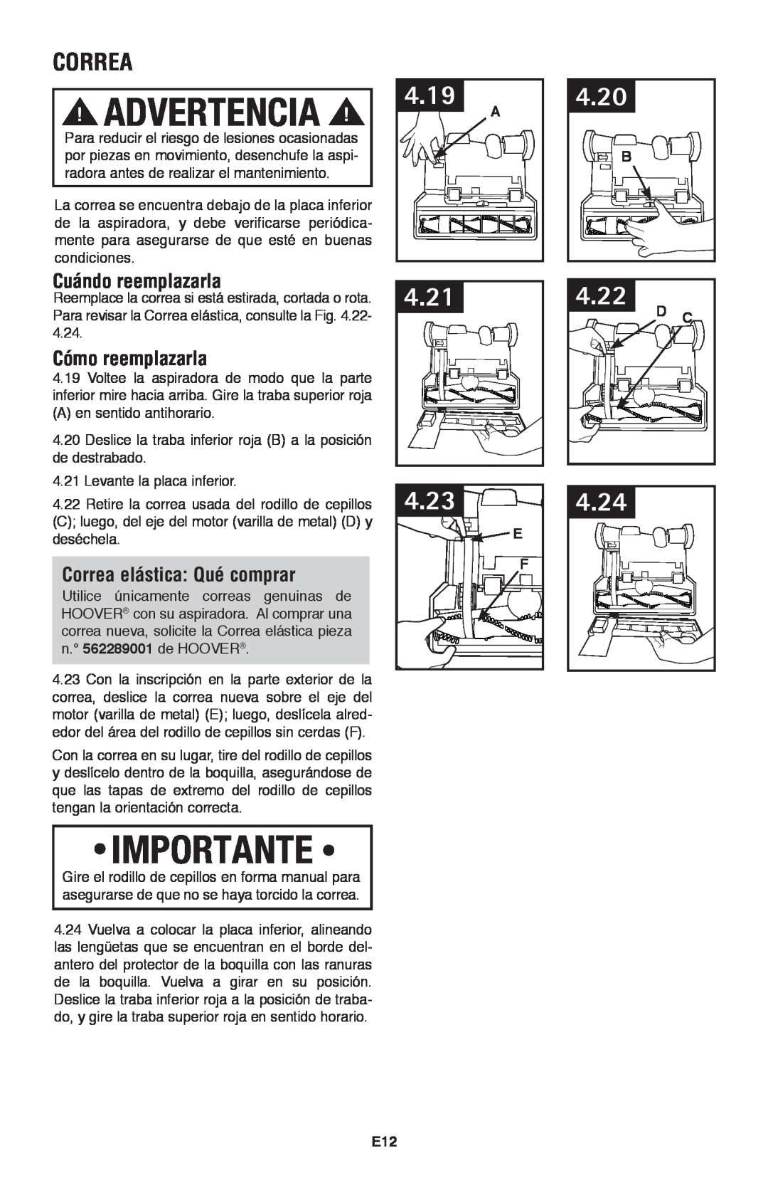 Hoover UH70120 Importante, Correa, Advertencia, 4.19, 4.21, 4.23, 4.20, 4.22, 4.24, Cuándo reemplazarla, Cómo reemplazarla 