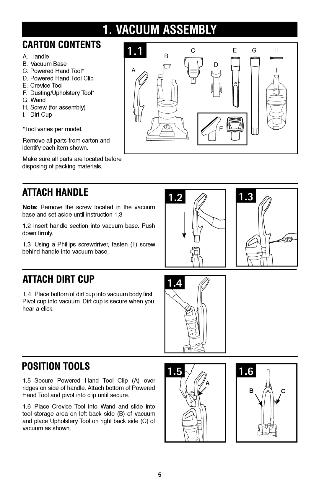 Hoover UH70120 owner manual Vacuum ASSEMBLY, Carton contents, Attach handle, Attach dirt cup, Position Tools 