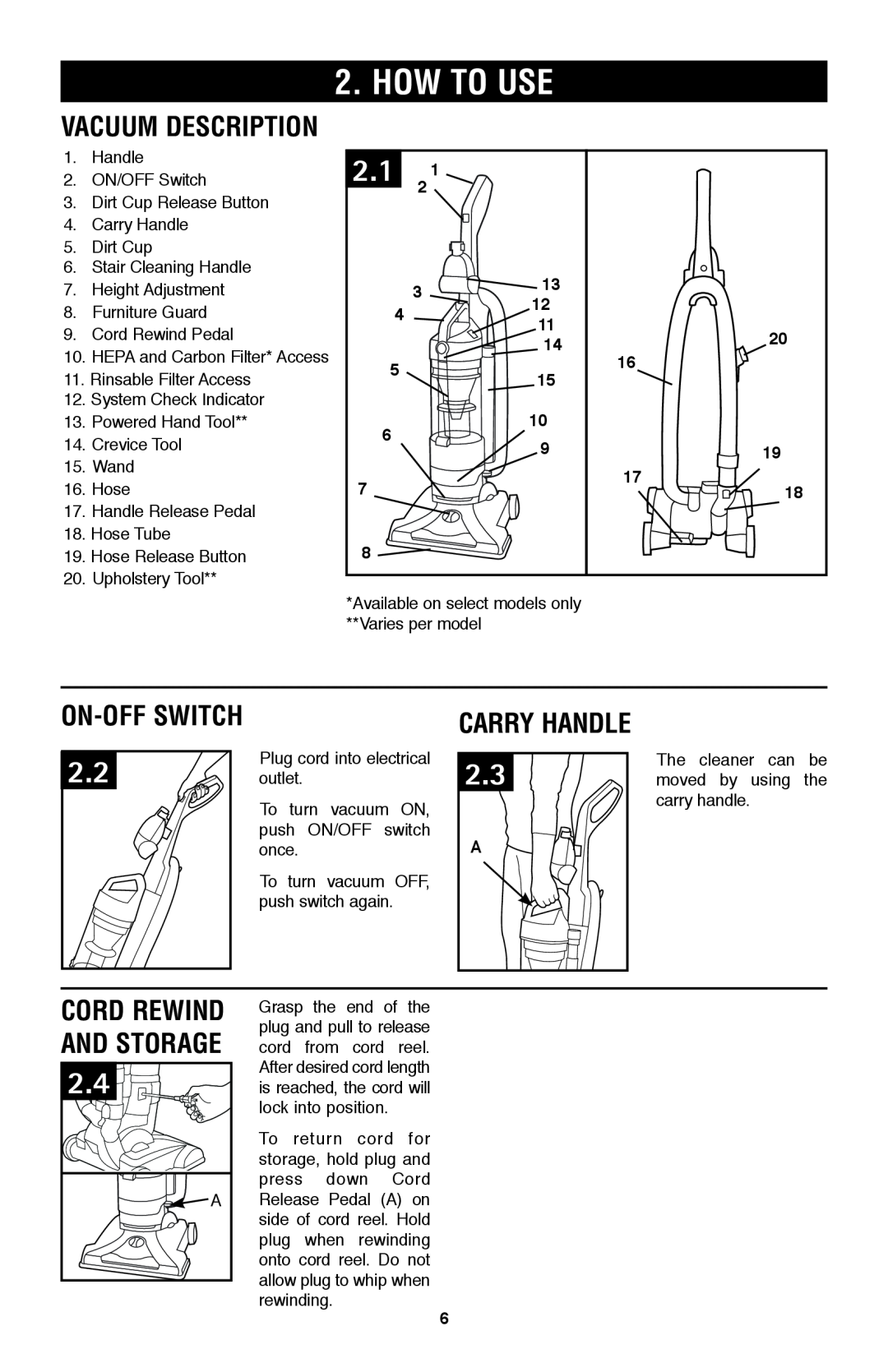 Hoover UH70120 owner manual How To Use, Vacuum Description, ON-OFF Switch, Cord Rewind AND STORAGE, Carry Handle 