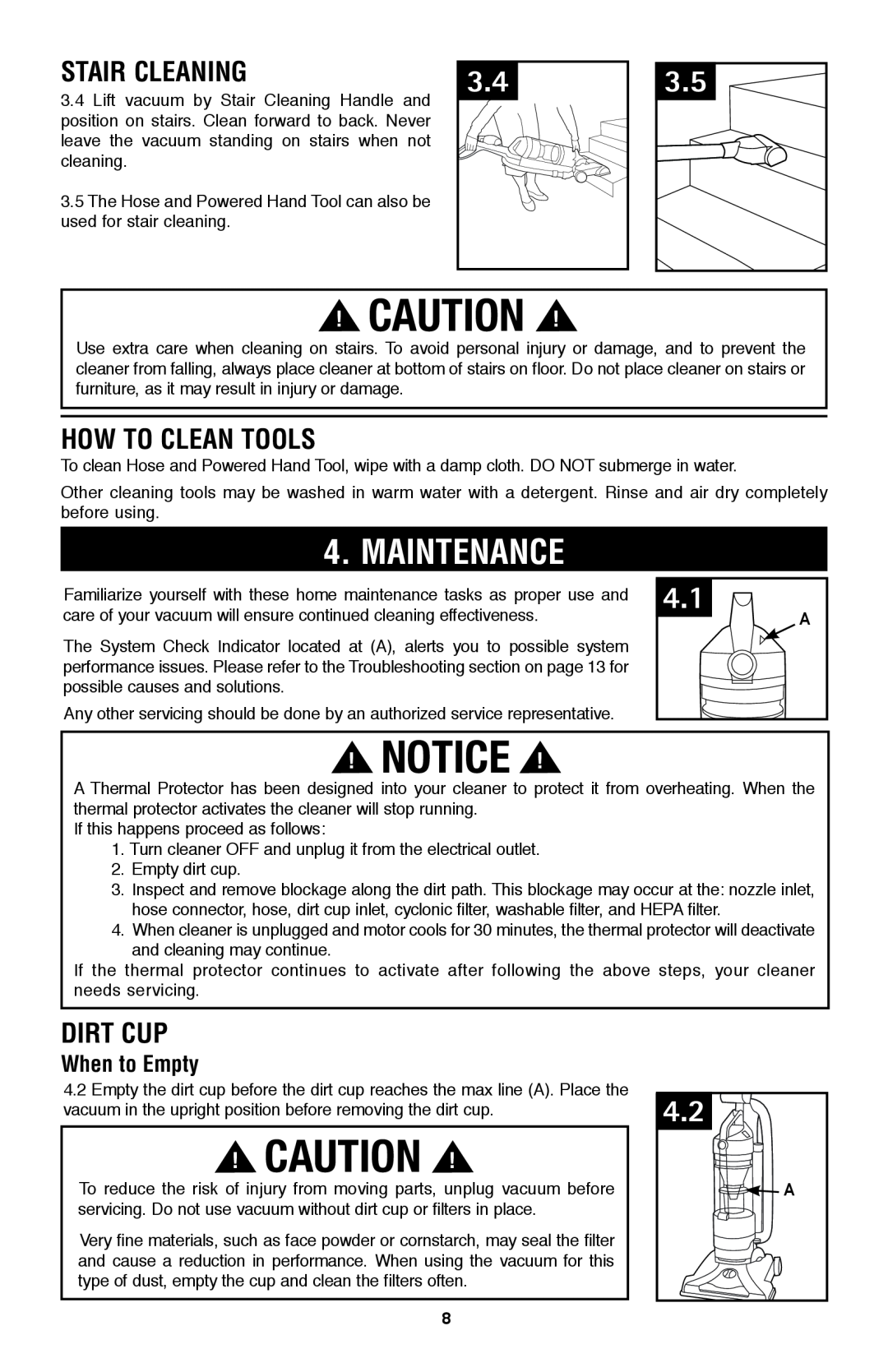Hoover UH70120 owner manual Maintenance, Stair Cleaning, How to Clean Tools, Dirt Cup, When to Empty 