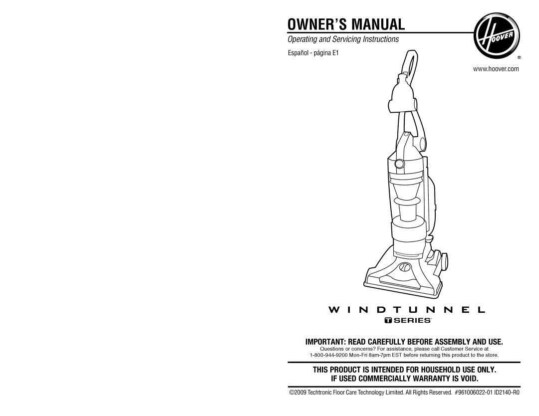 Hoover UH70200 owner manual If Used Commercially Warranty is Void 