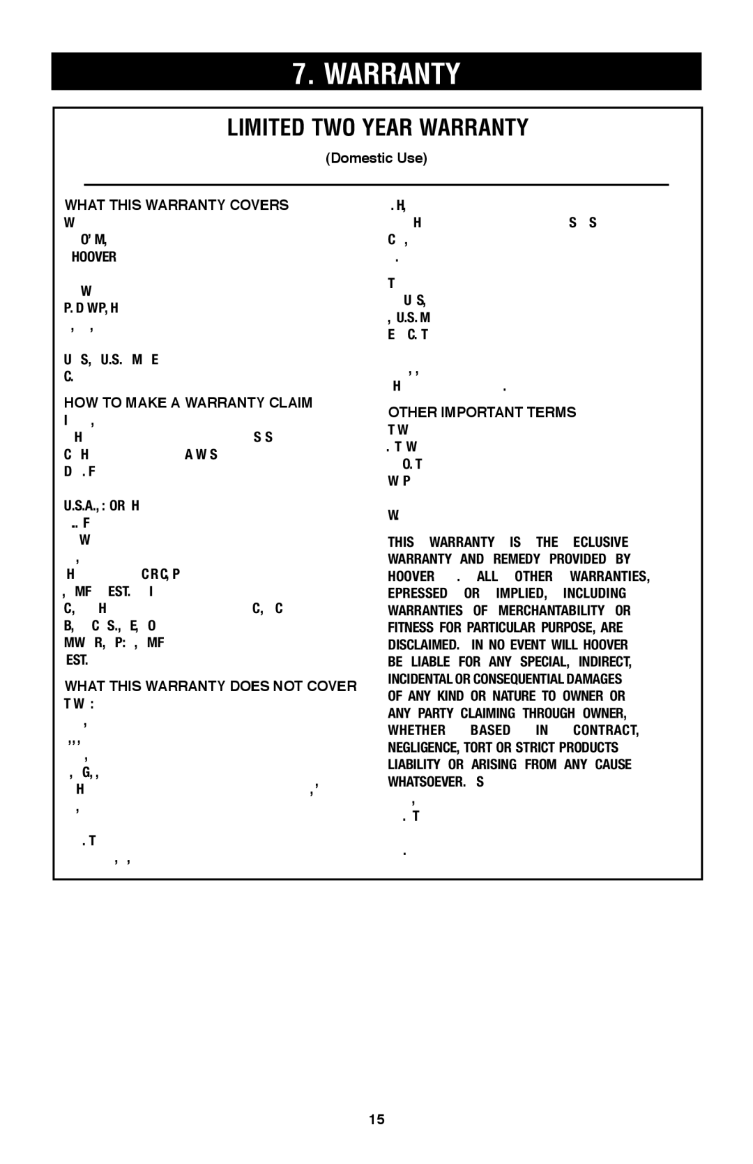 Hoover UH70200 owner manual Limited TWO Year Warranty, Domestic Use 