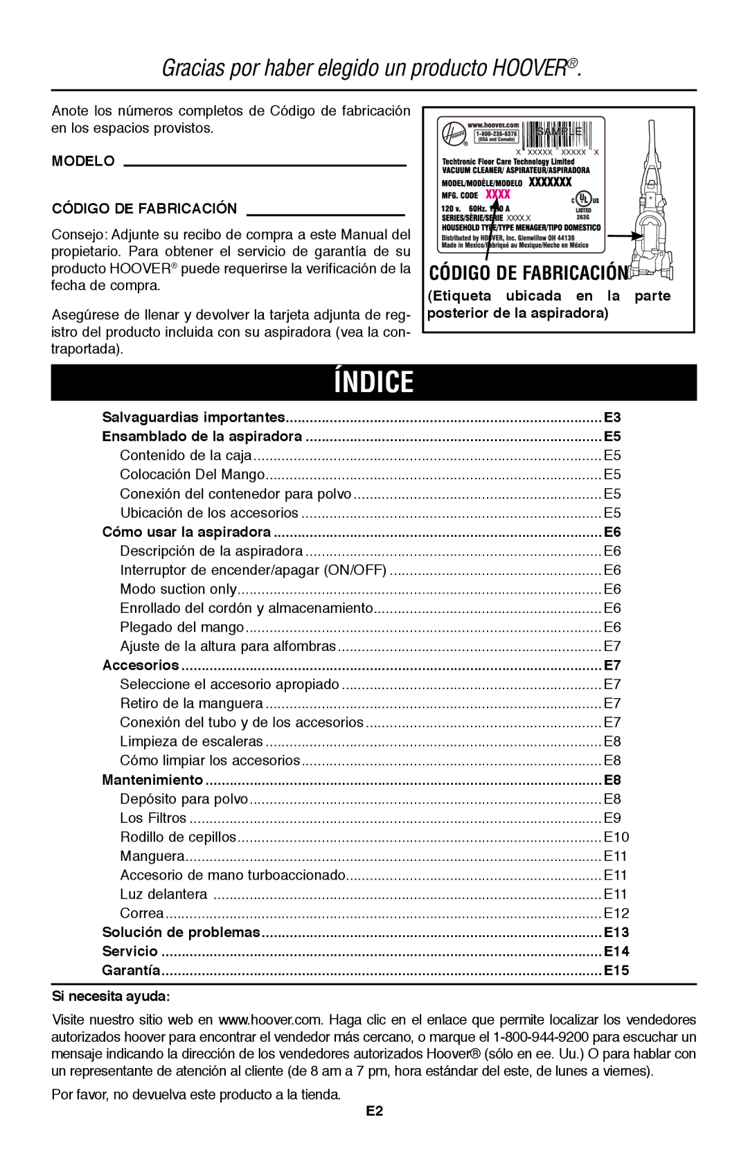 Hoover UH70200 owner manual Índice, Código de fabricación 