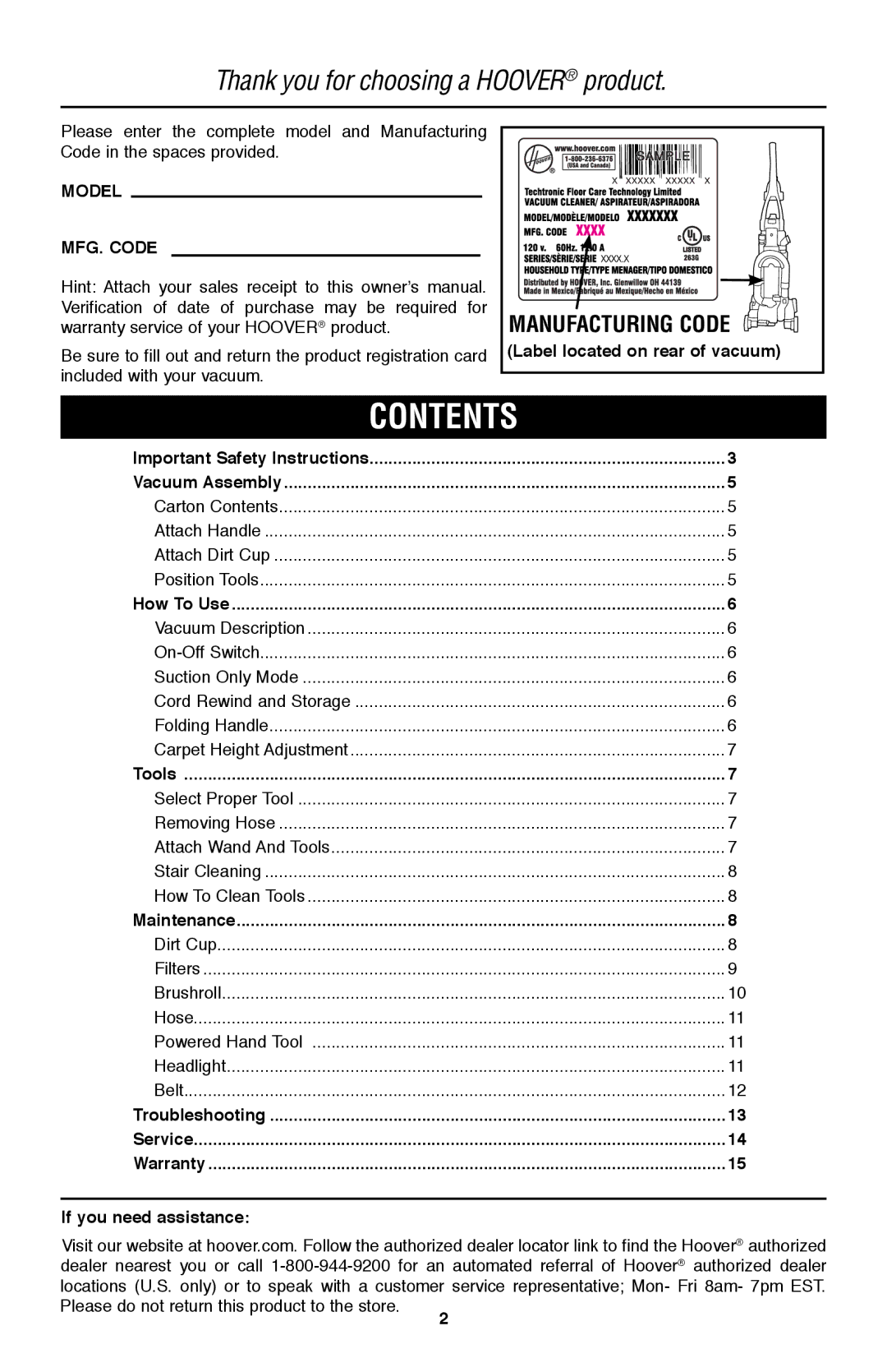 Hoover UH70200 owner manual Contents 