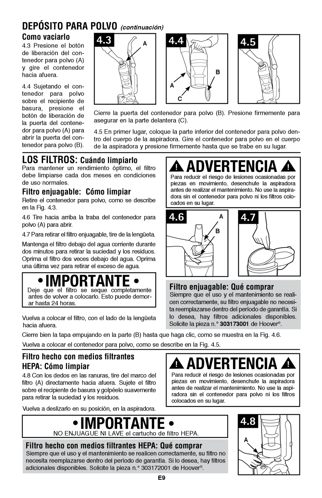 Hoover UH70200 owner manual Depósito para polvo continuación 