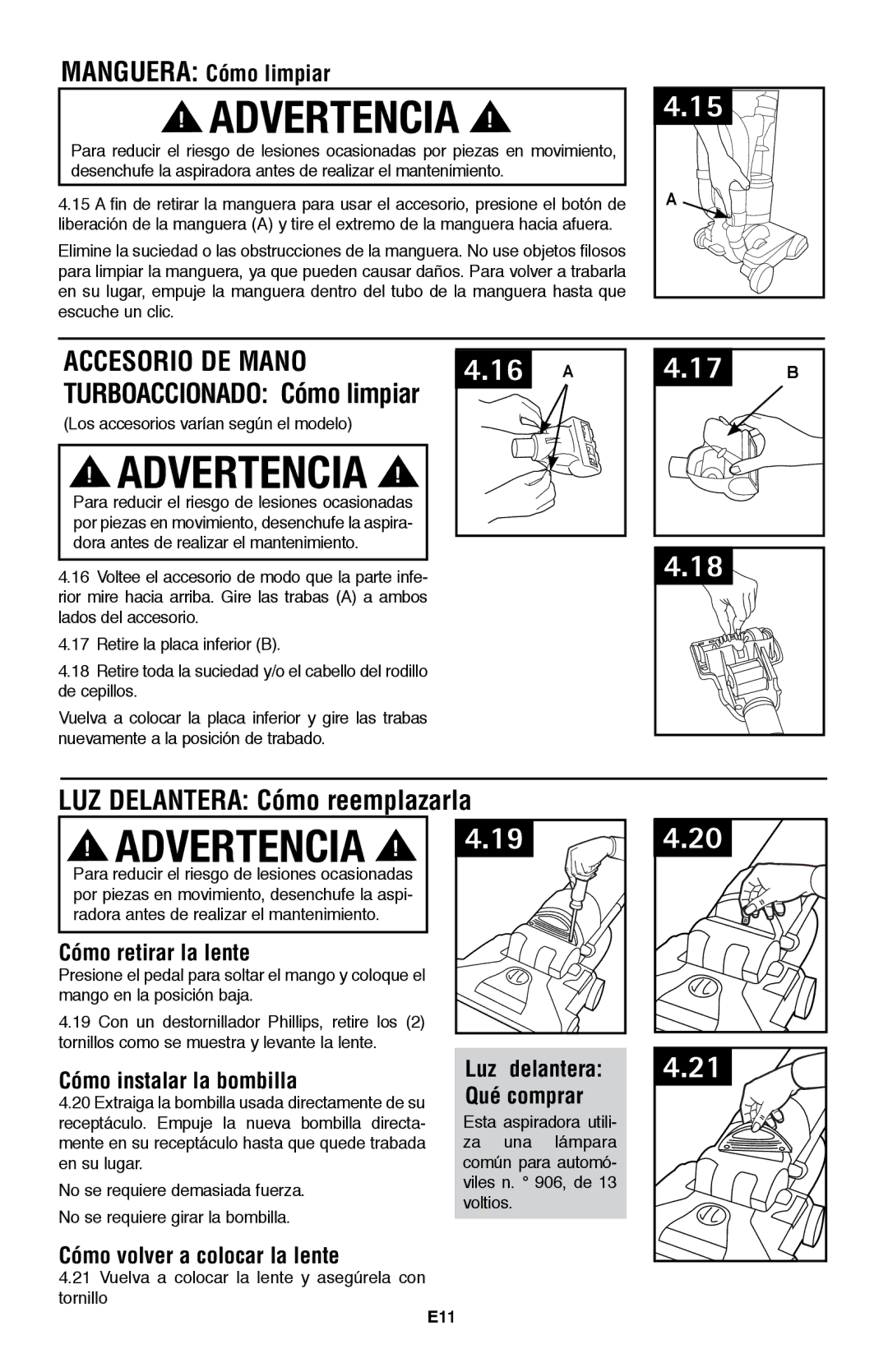 Hoover UH70200 owner manual Accesorio de mano, Turboaccionado Cómo limpiar, Luz delantera Cómo reemplazarla 