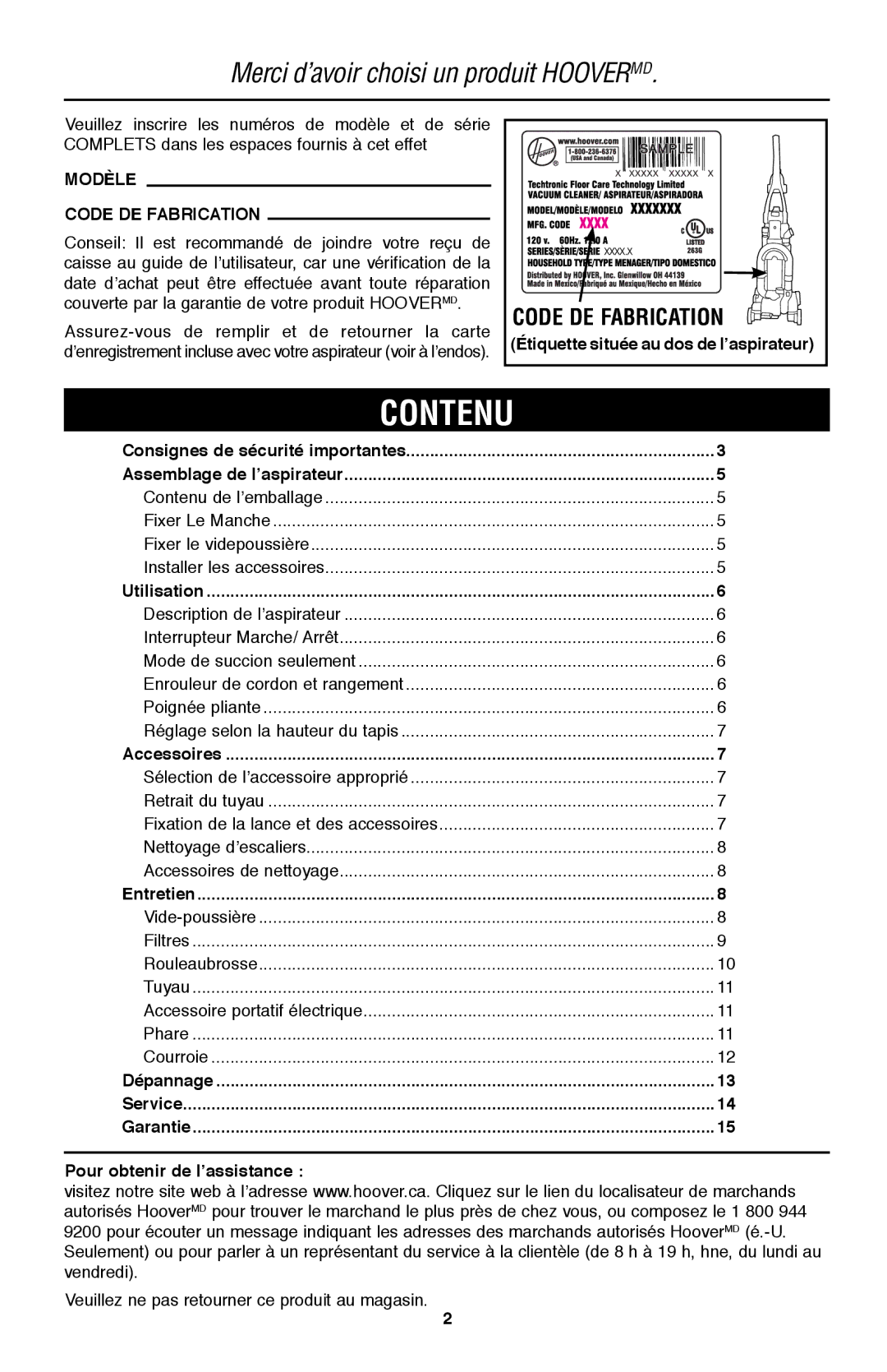 Hoover UH70200 owner manual Contenu, Modèle Code de fabrication, Pour obtenir de l’assistance 