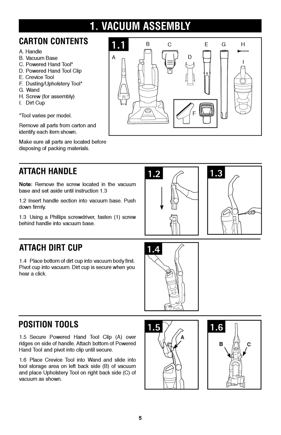 Hoover UH70200 owner manual Vacuum Assembly, Carton contents, Attach handle, Attach dirt cup, Position Tools 