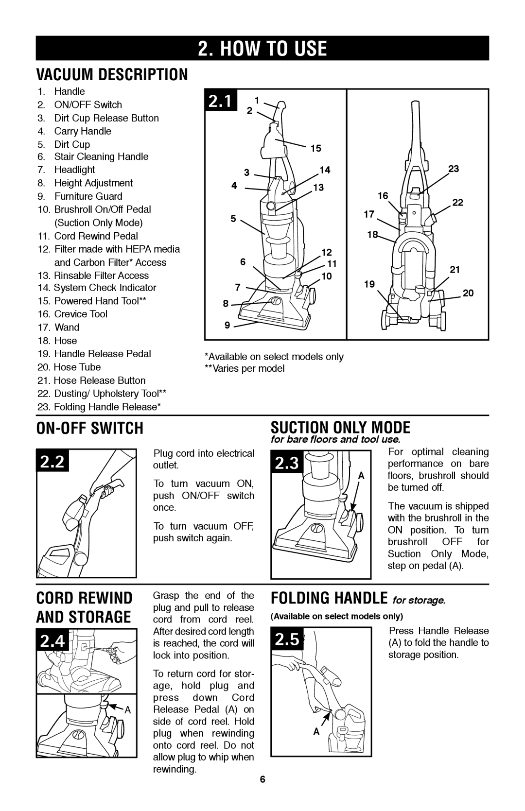 Hoover UH70200 owner manual HOW to USE, Vacuum Description, ON-OFF Switch, Cord Rewind, Folding Handle for storage 