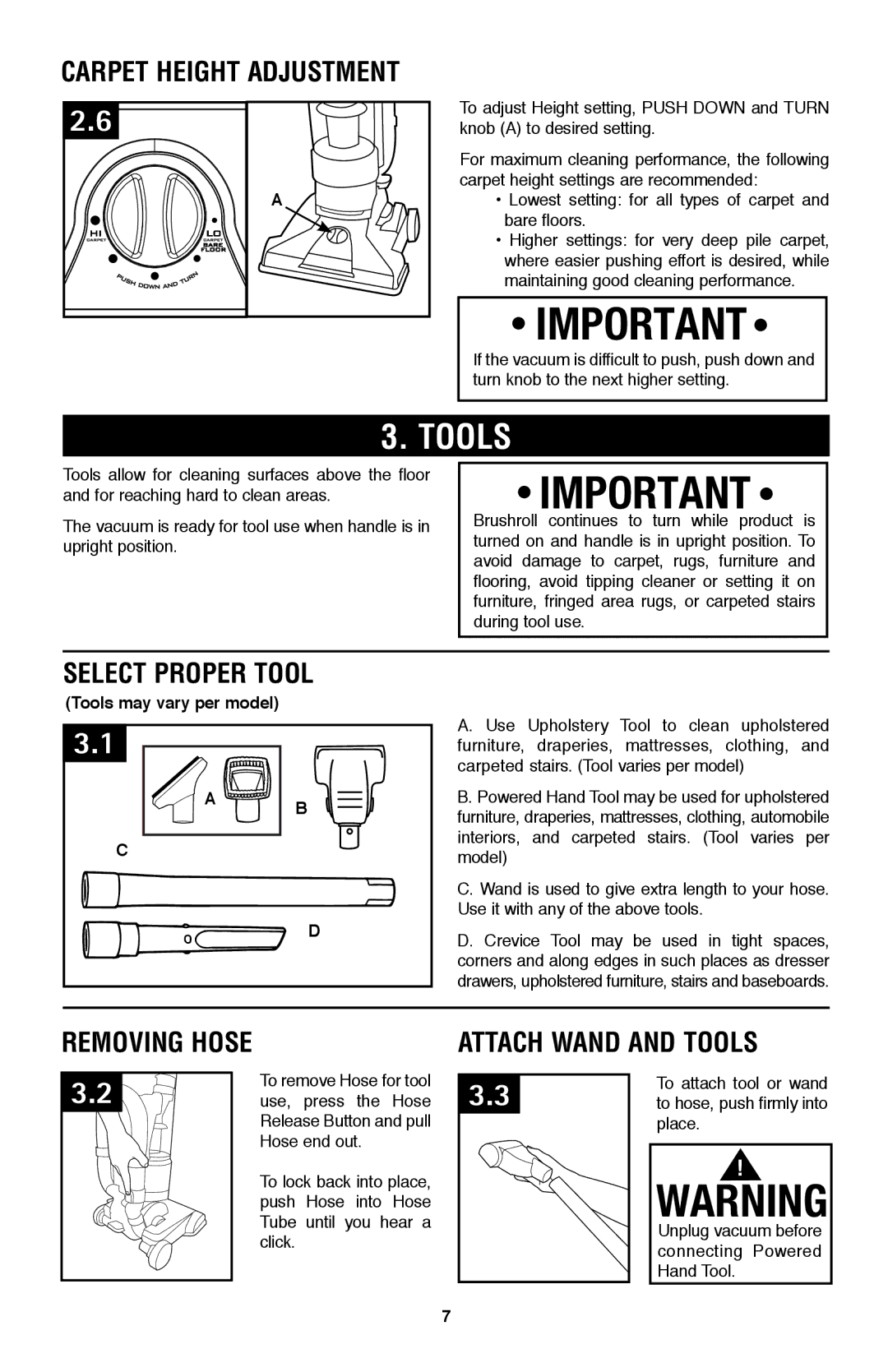 Hoover UH70200 owner manual Select Proper Tool, Removing Hose, Attach Wand and Tools, Tools may vary per model 