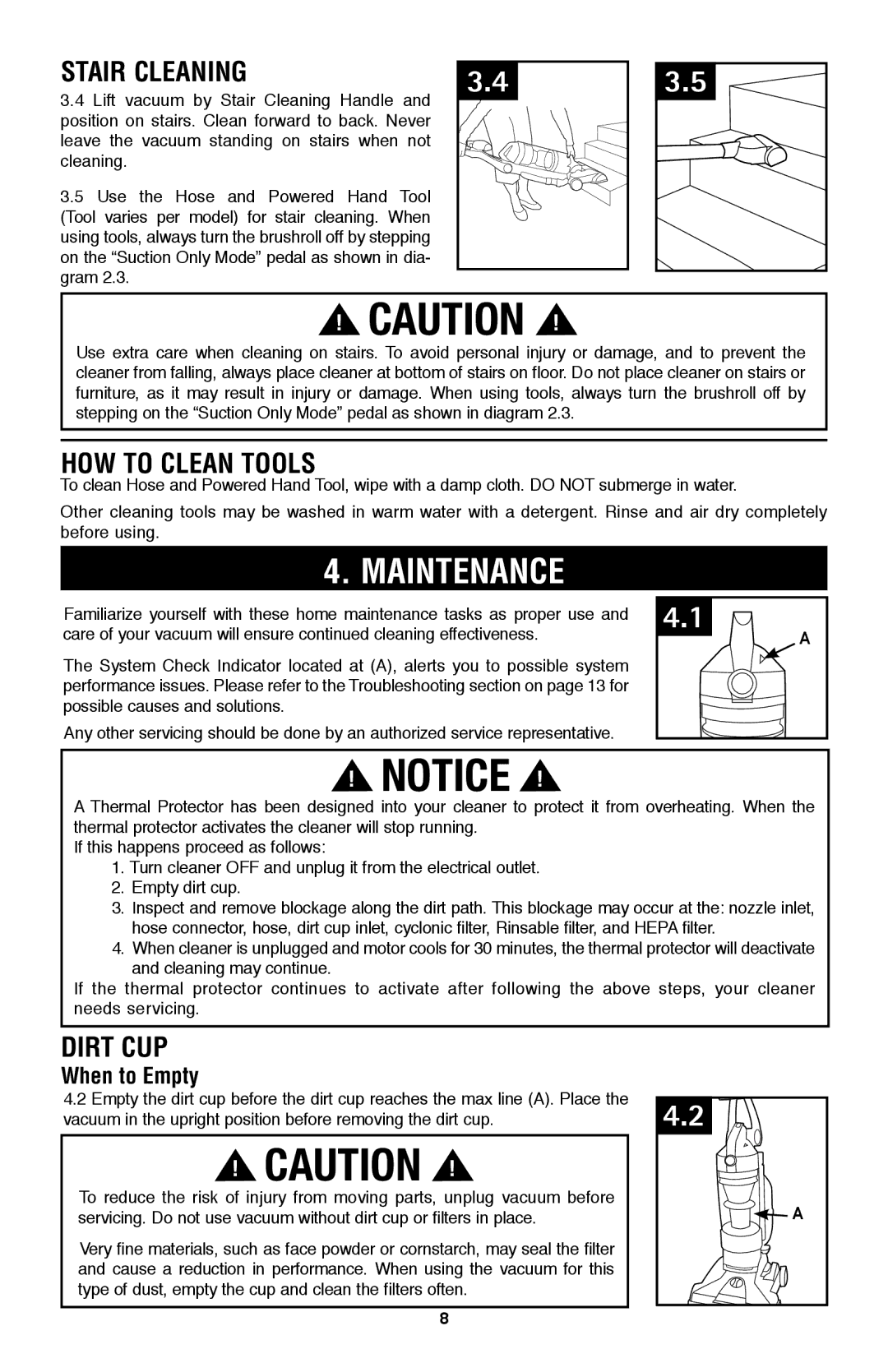 Hoover UH70200 owner manual Maintenance, Stair Cleaning, How to Clean Tools, Dirt Cup, When to Empty 