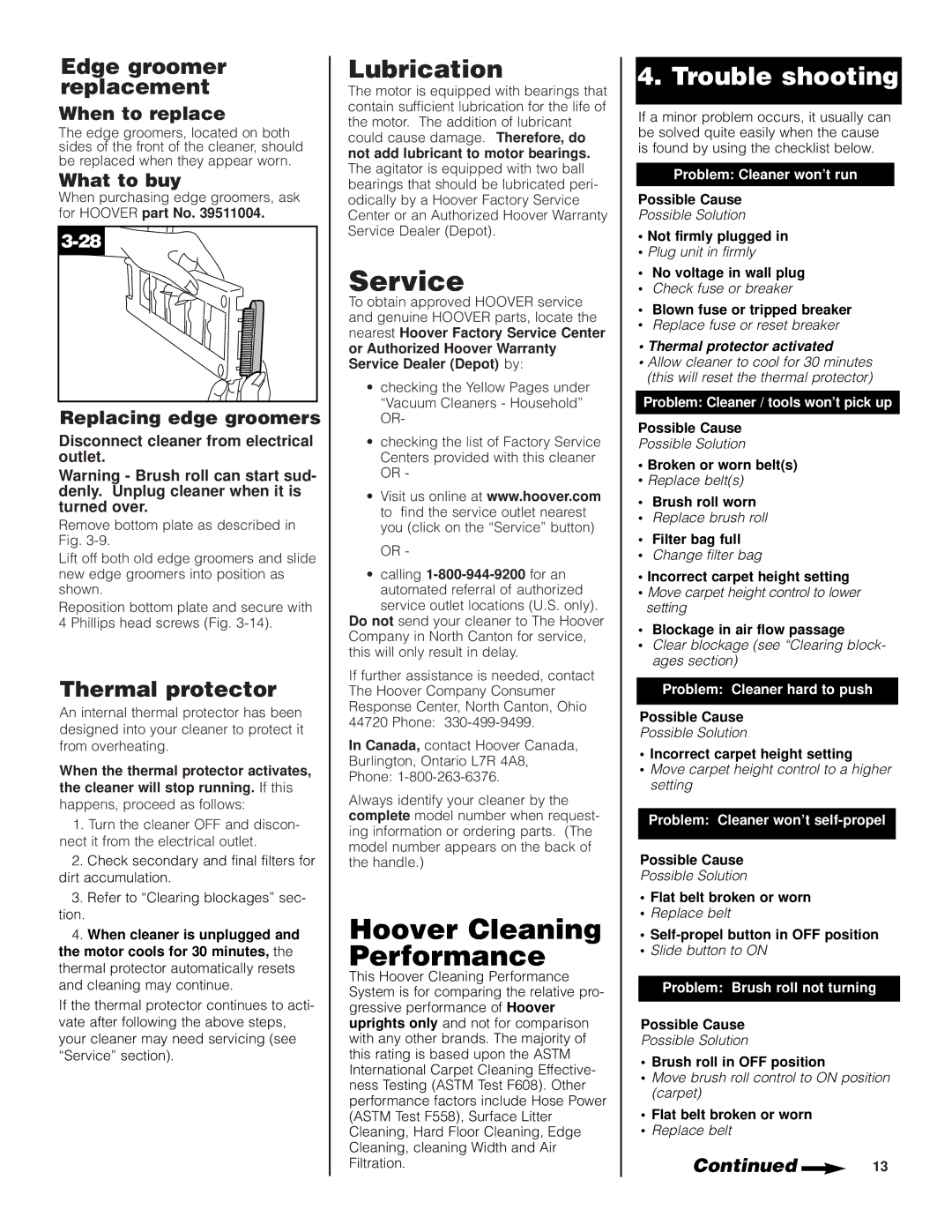 Hoover UH70600 manual Service, Hoover Cleaning Performance, Lubrication, Trouble shooting 