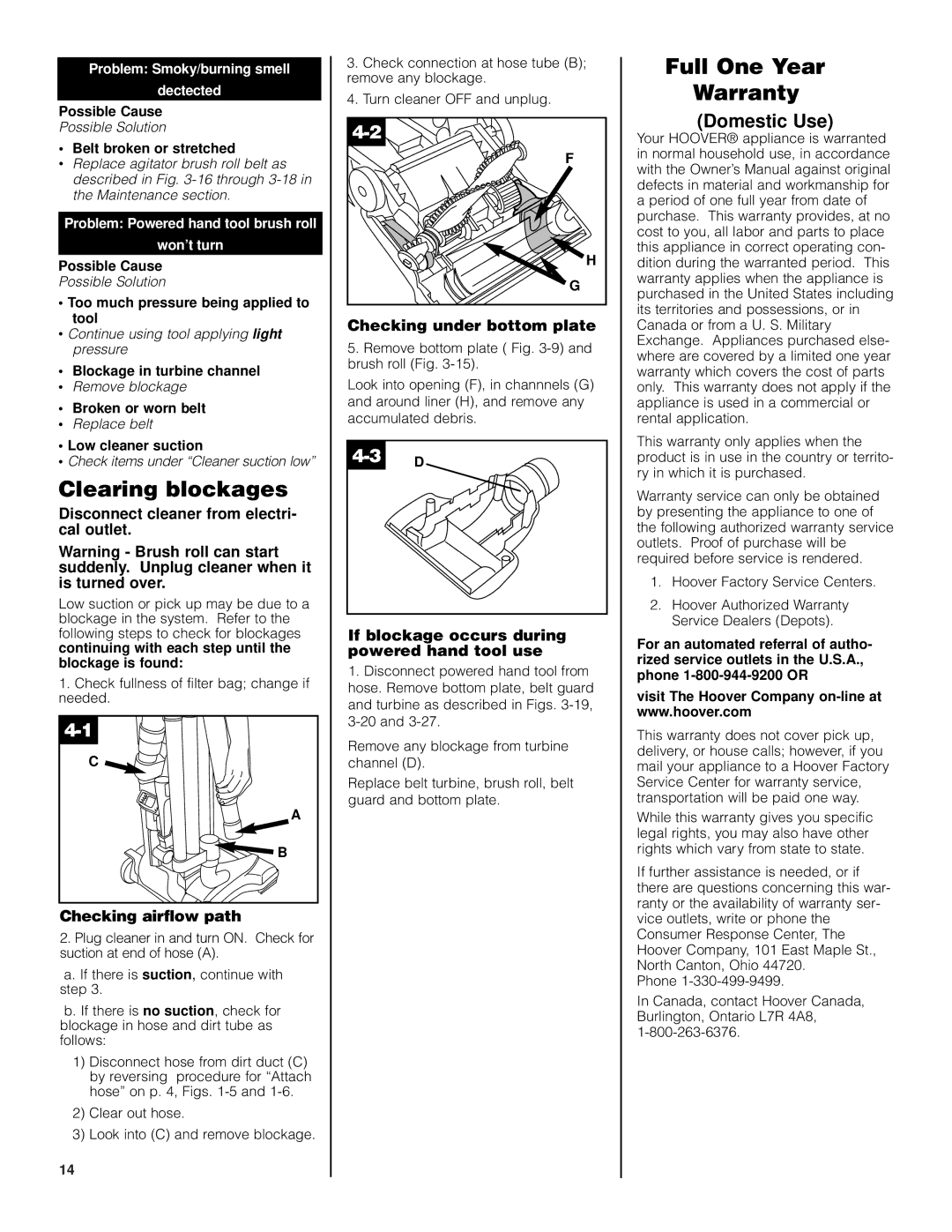 Hoover UH70600 manual Clearing blockages, Full One Year Warranty, Domestic Use 