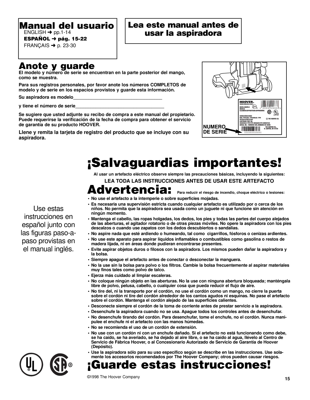 Hoover UH70600 Manual del usuario, Anote y guarde, Lea este manual antes de Usar la aspiradora, Español pág 