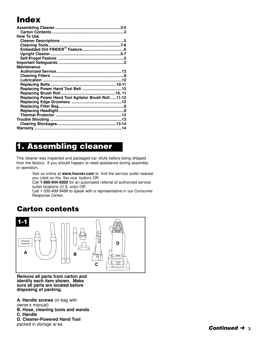 Hoover UH70600 manual Index, Carton contents 