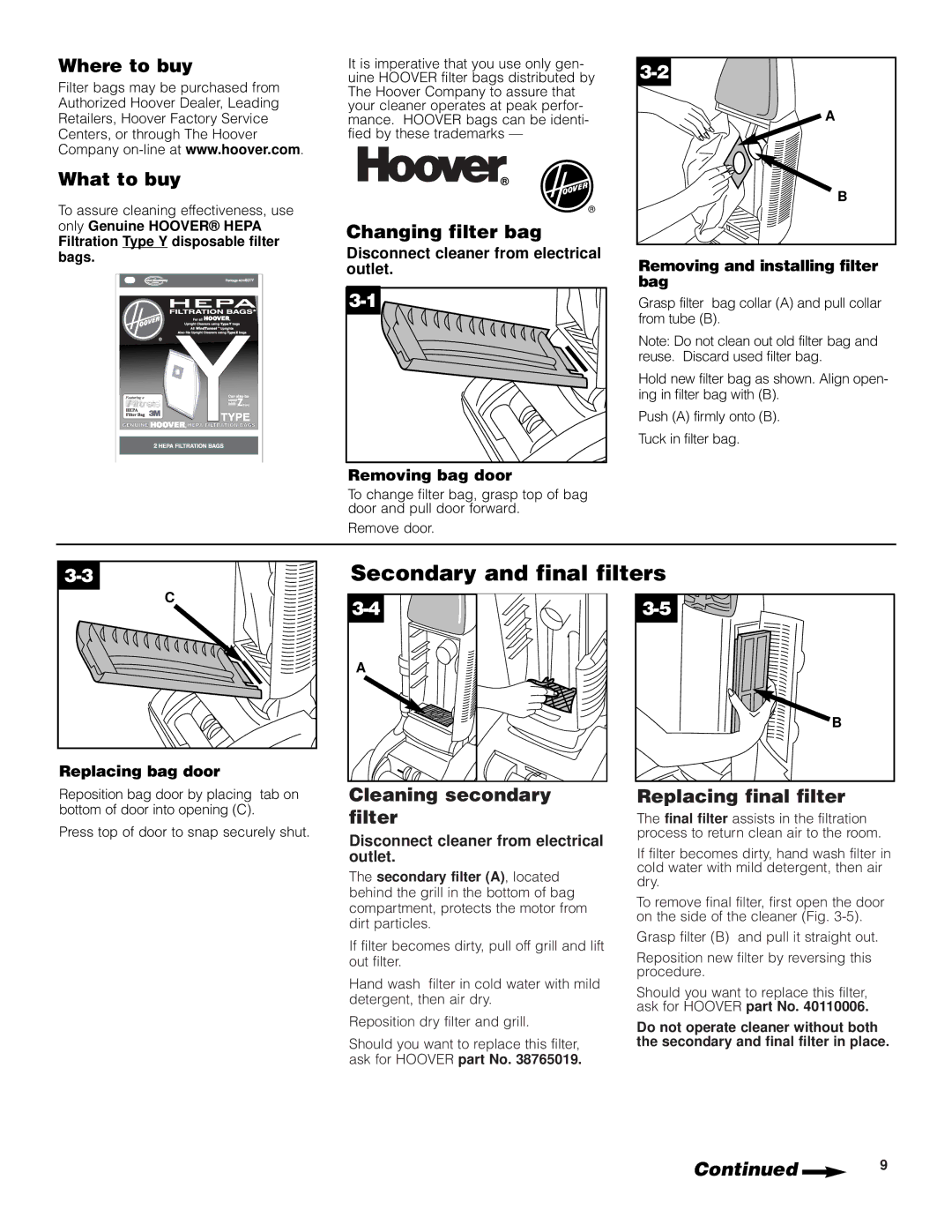 Hoover UH70600 manual Secondary and final filters, Where to buy What to buy, Changing filter bag, Cleaning secondary filter 